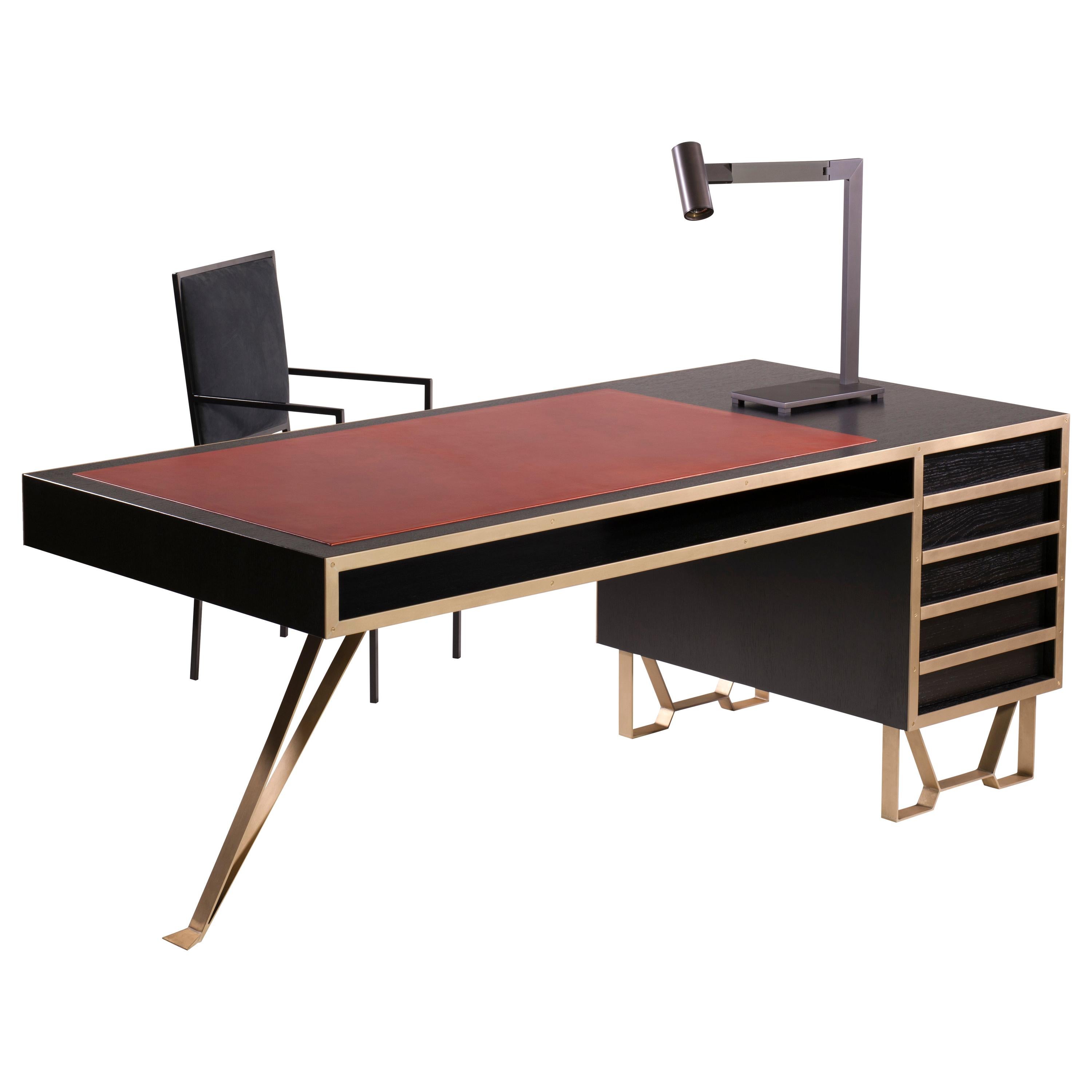 21st Century Writing Desk, Oak Brass and Italian Leather Inlay