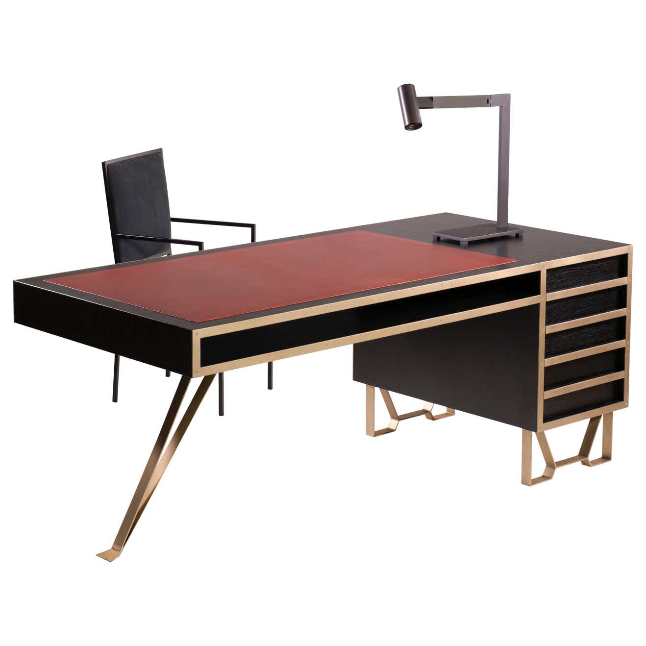 21st Century Writing Desk, Oak Brass and Italian Leather Inlay For Sale ...