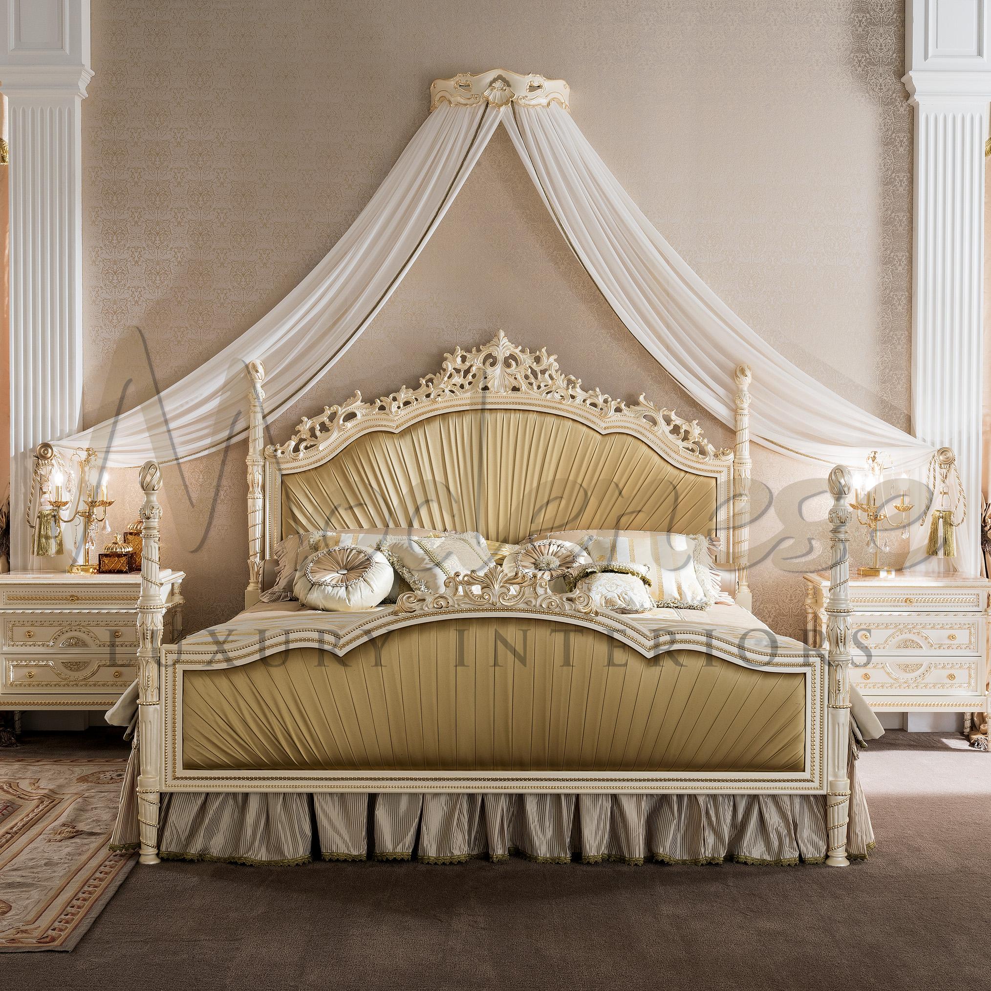 This item is definitely a true masterpiece: yellow double bedwith empire-style decorations, pleated head and footboard with high-end customizable fabrics. 
Designed and produced by Modenese Gastone Interiors, italian furniture brand. Perfect piece