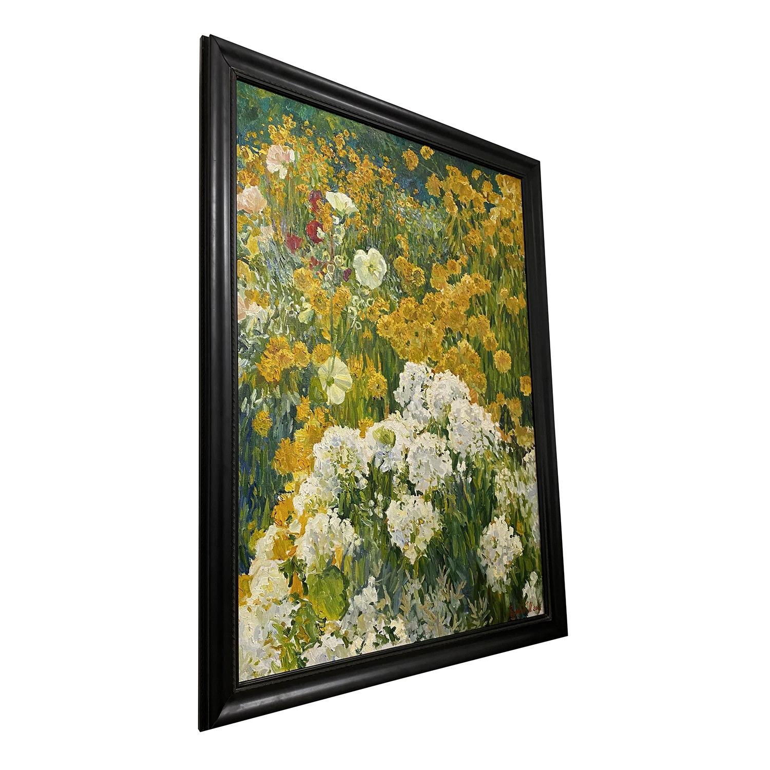 A yellow-white Russian still life oil on canvas painting depicting a sunflower field, painted by Yarovoy Igor in a black wooden frame, in good condition. The colorful landscape painting is portraying a sunny day with many dandelions. Signed on the