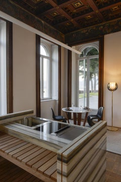 21st C Zebrino Carrara Marble Teakwood Freestanding Modular Kitchen GalleryStock