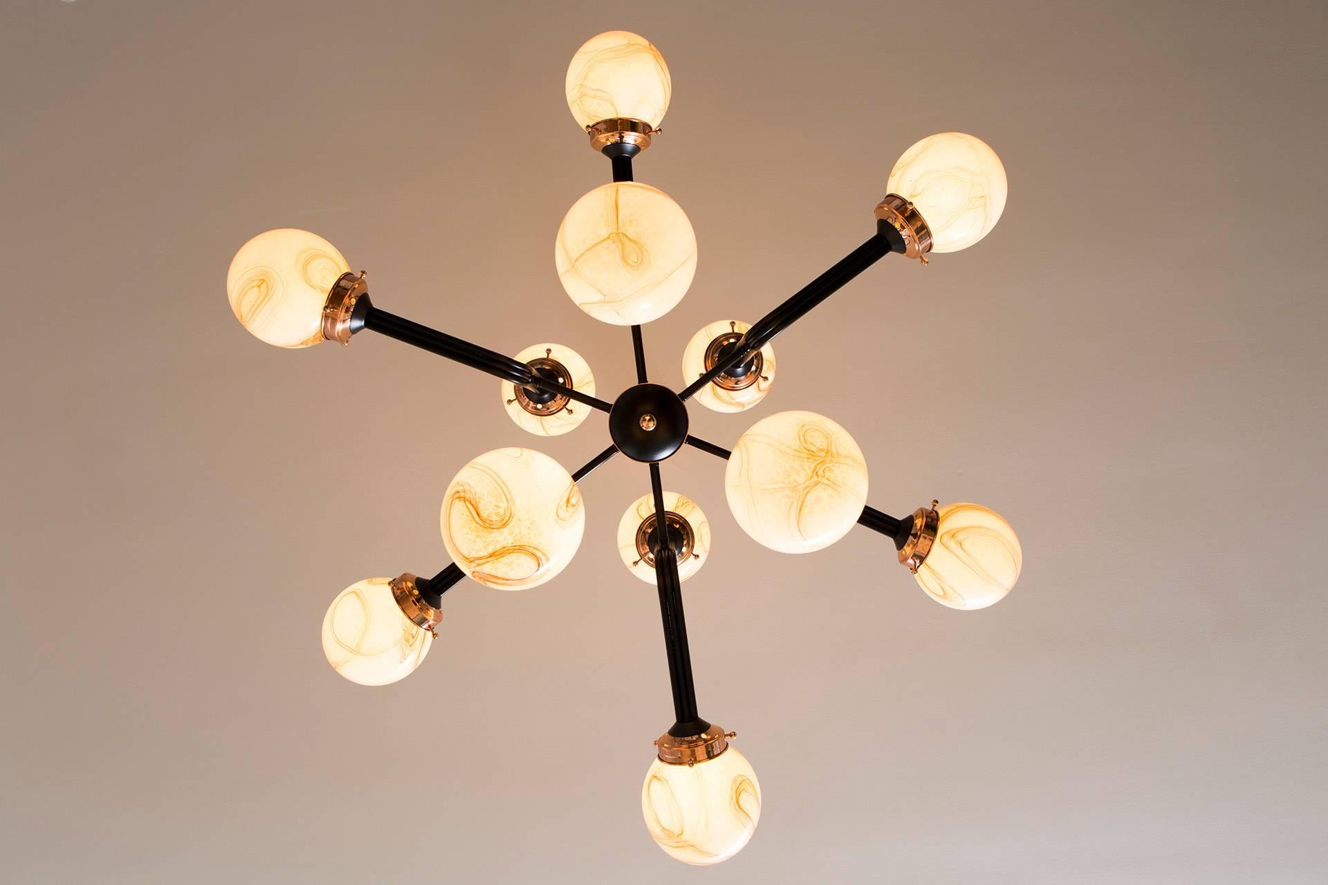 Arts and Crafts Ziron Handblown Glass Chandelier with Black Painted Metal and Copper For Sale