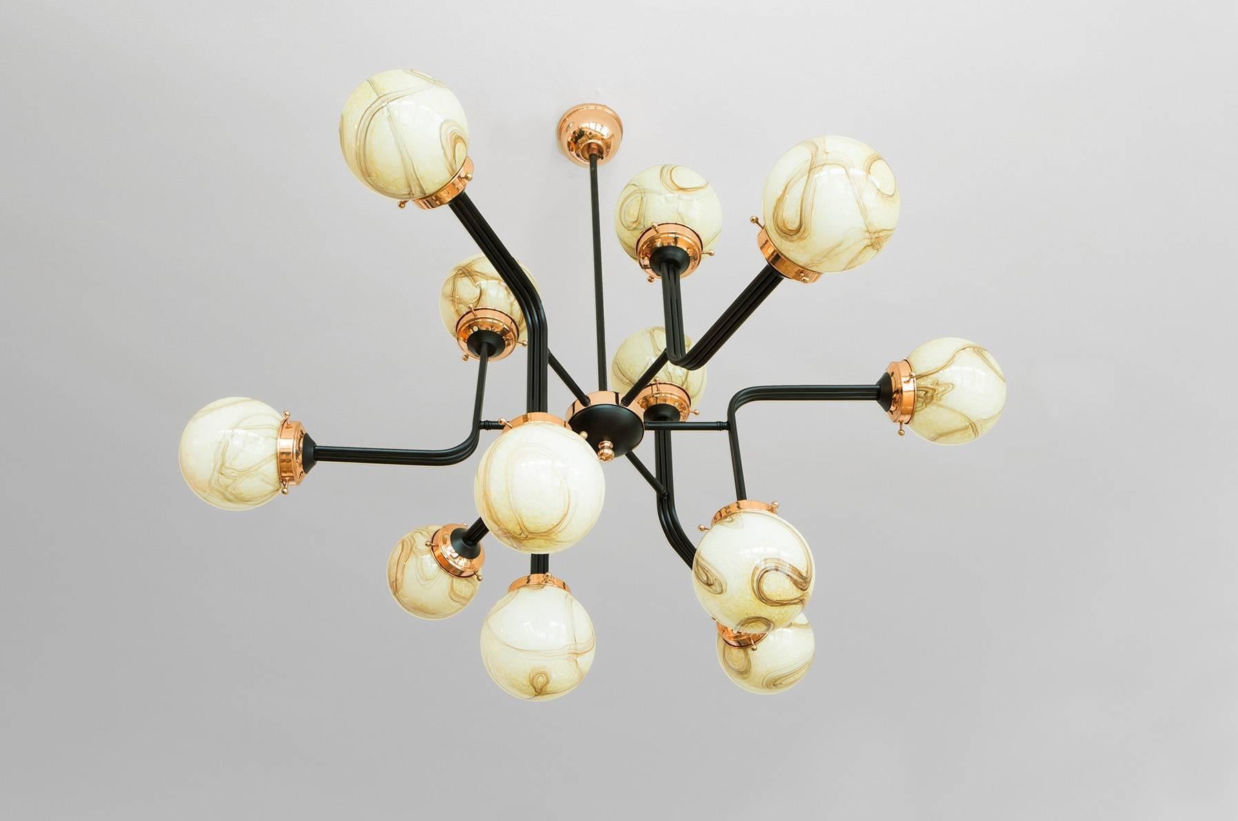 Turkish Ziron Handblown Glass Chandelier with Black Painted Metal and Copper For Sale