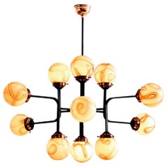 Ziron Handblown Glass Chandelier with Black Painted Metal and Copper