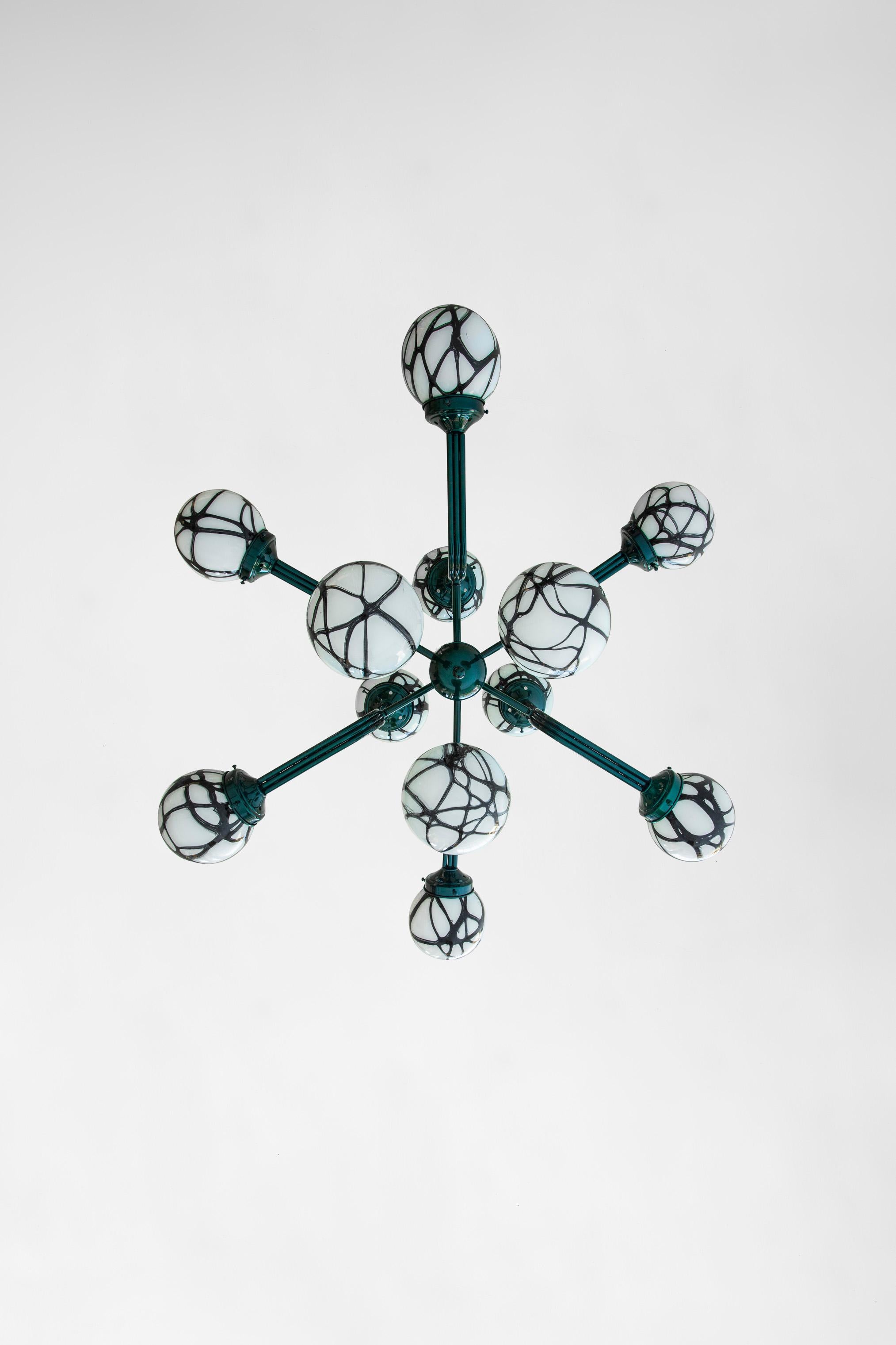 Arts and Crafts 21st Century Ziron Handblown Glass Chandelier with Green Painted Metal For Sale