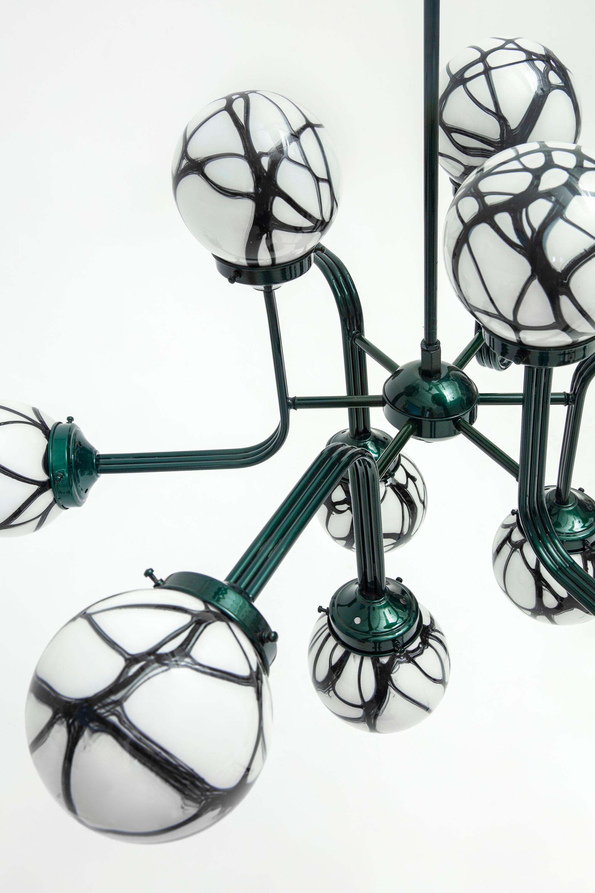 21st Century Ziron Handblown Glass Chandelier with Green Painted Metal In New Condition For Sale In New York, NY