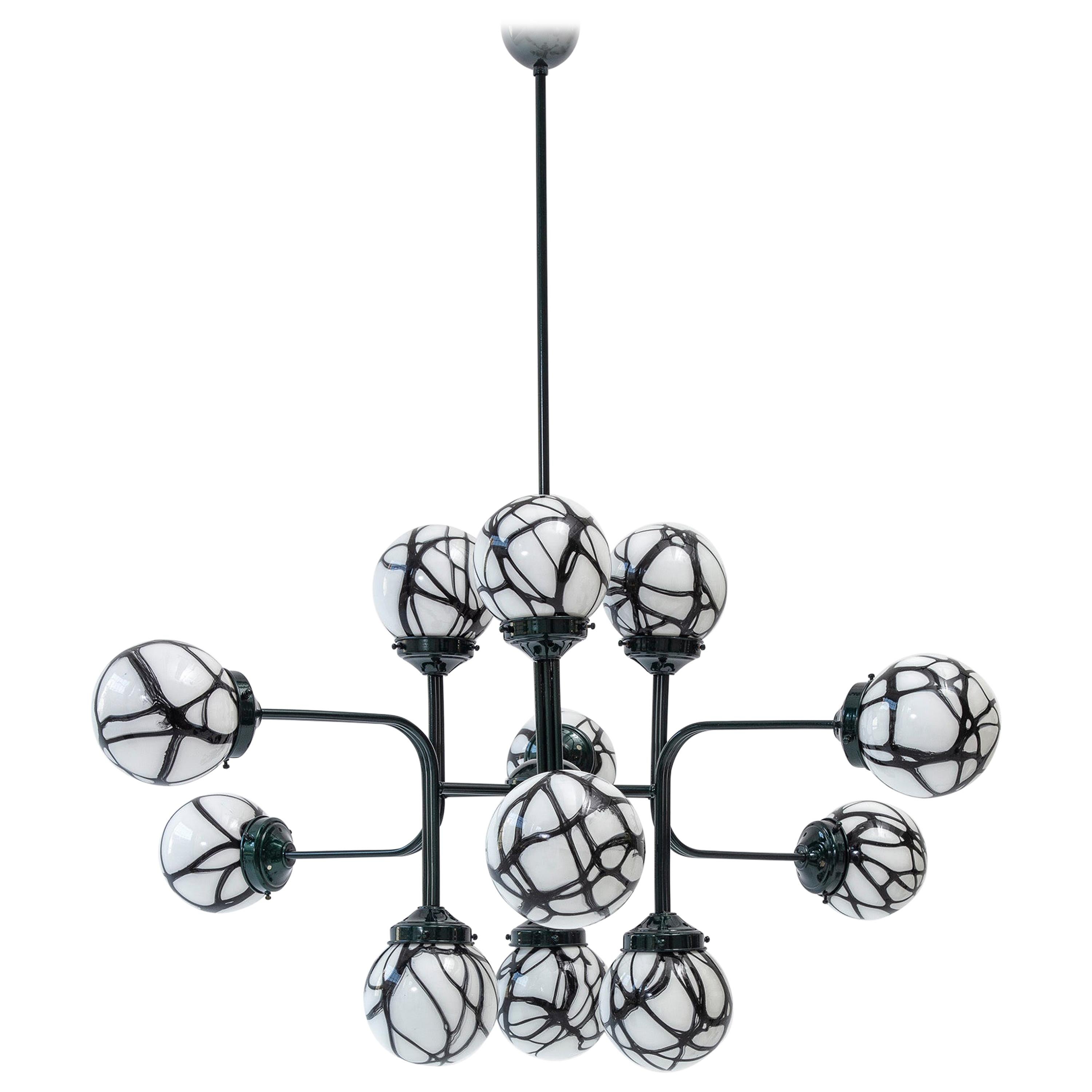 21st Century Ziron Handblown Glass Chandelier with Green Painted Metal For Sale