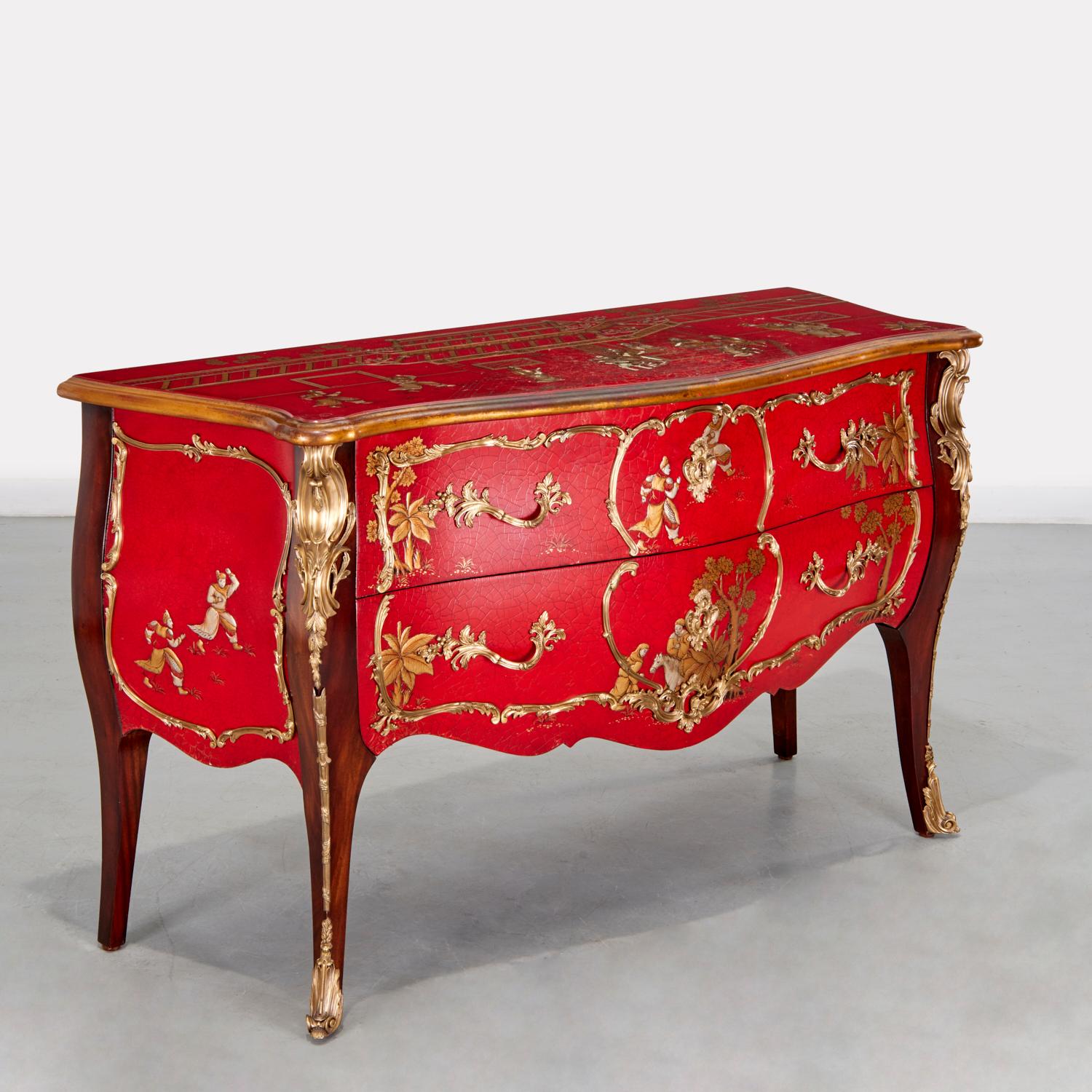 21st C.Theodore Alexander, 'The Opulent East' Red Lacquer Serpentine Bombe Chest For Sale 6