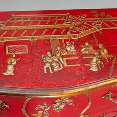 21st C.Theodore Alexander, 'The Opulent East' Red Lacquer Serpentine Bombe Chest