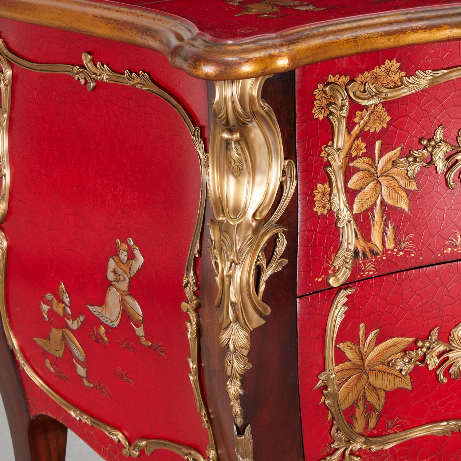 Chinoiserie 21st C.Theodore Alexander, 'The Opulent East' Red Lacquer Serpentine Bombe Chest For Sale