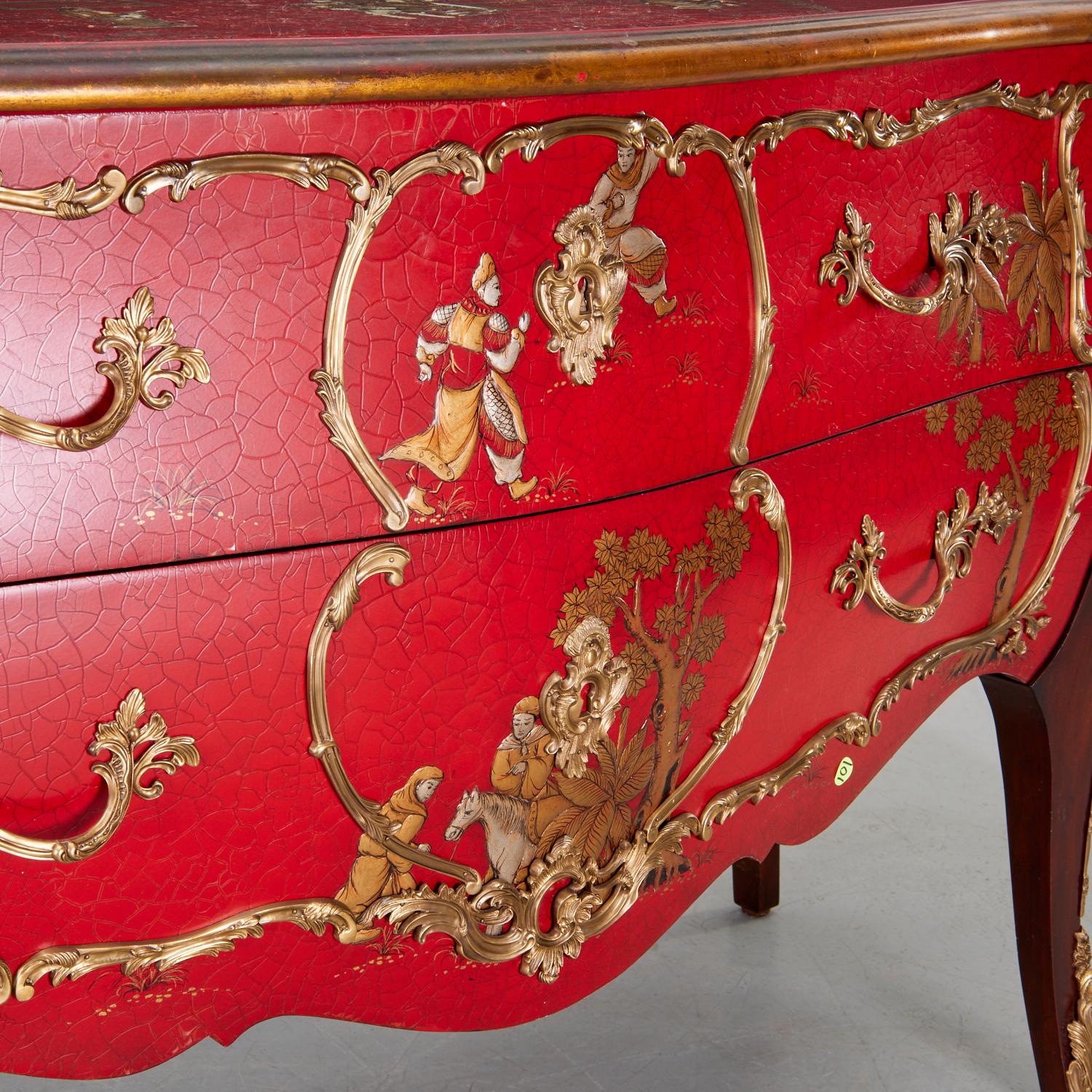 Vietnamese 21st C.Theodore Alexander, 'The Opulent East' Red Lacquer Serpentine Bombe Chest For Sale