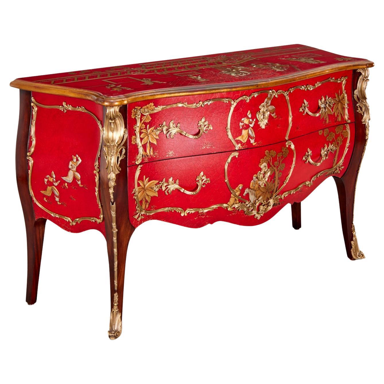 21st C.Theodore Alexander, 'The Opulent East' Red Lacquer Serpentine Bombe Chest For Sale