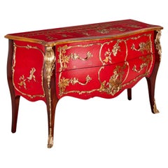 Antique 21st C.Theodore Alexander, 'The Opulent East' Red Lacquer Serpentine Bombe Chest