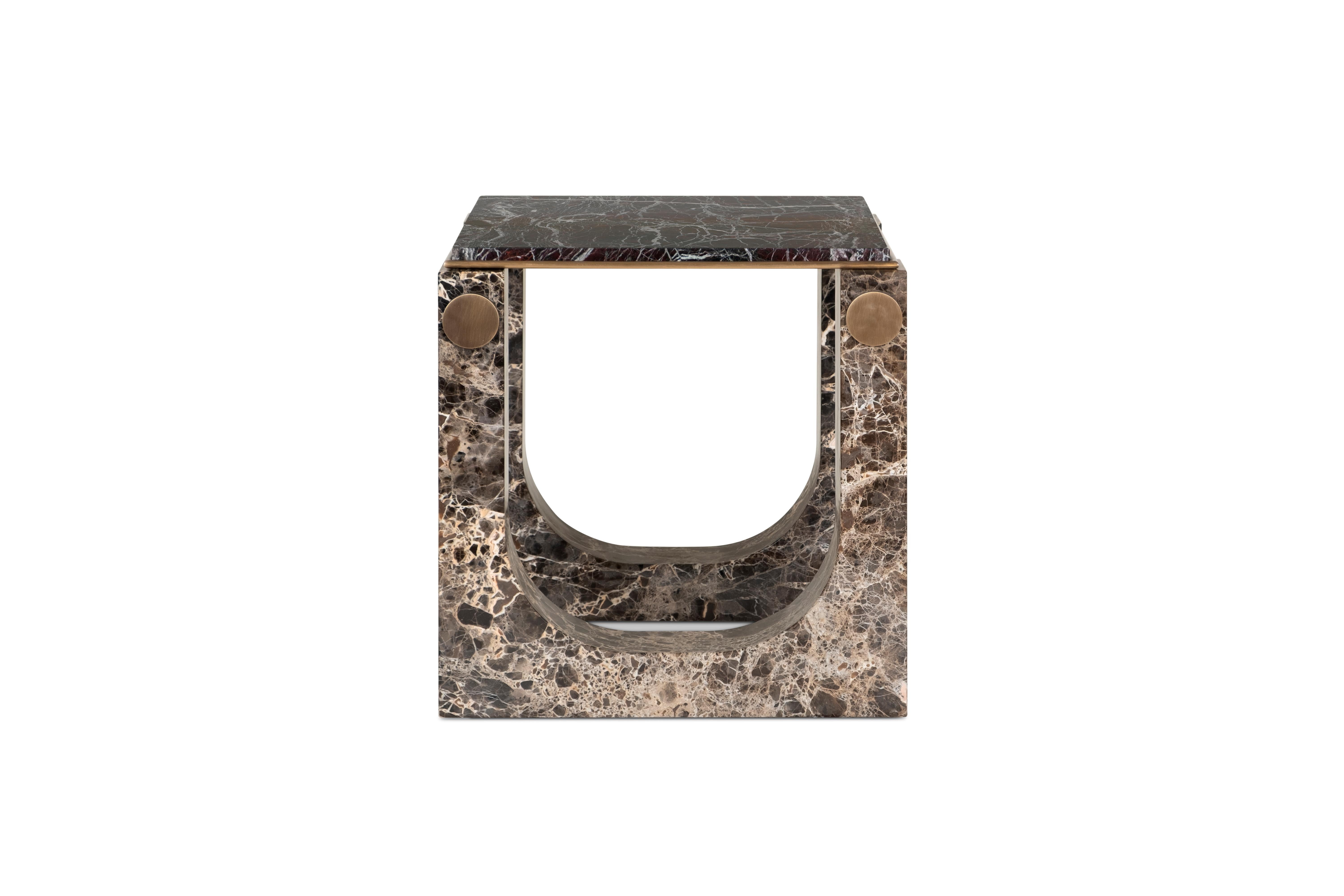 Laiton 21st Lincoln Side Table Rosso Levanto Emperador Made in Portugal by Porus Studio en vente