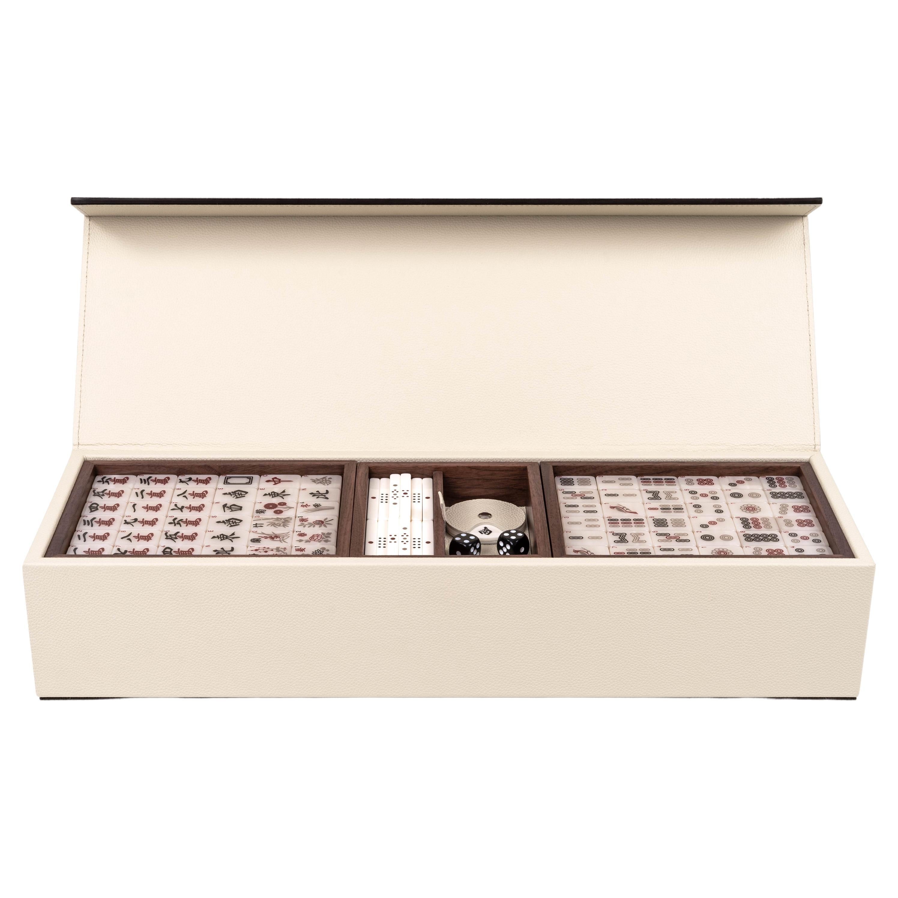 21st Mahjong Game Set in Walnut Wood and Leather Handmade in Italy For Sale