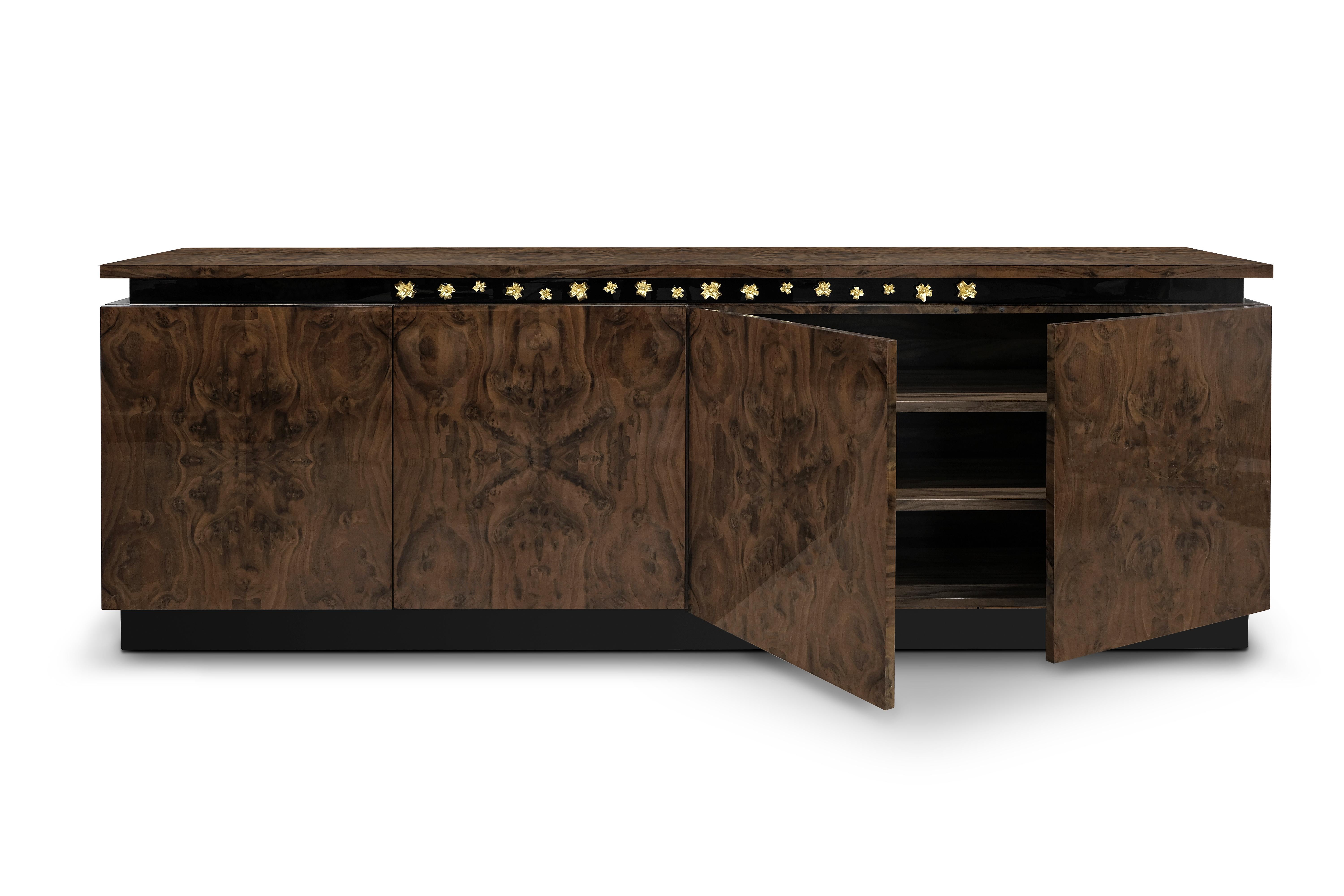 Malabar designed the Figen contemporary sideboard inspired by baroque ornaments in architecture and artifacts. The baroque was a period of artistic style that used exaggerated motion and clear easily interpreted detail to produce drama. One of the