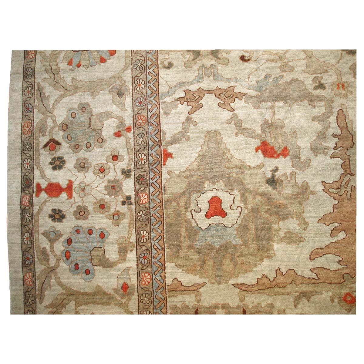 Hand-Woven 21st Century Persian Sultanabad Masters 13x20 Ivory & Tan Handmade Palace Rug For Sale