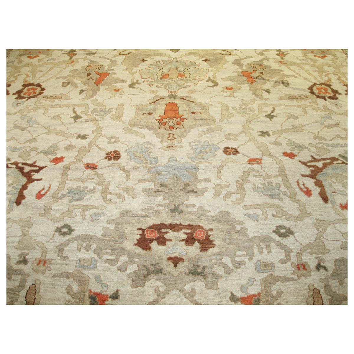 21st Century Persian Sultanabad Masters 13x20 Ivory & Tan Handmade Palace Rug In Excellent Condition For Sale In Houston, TX