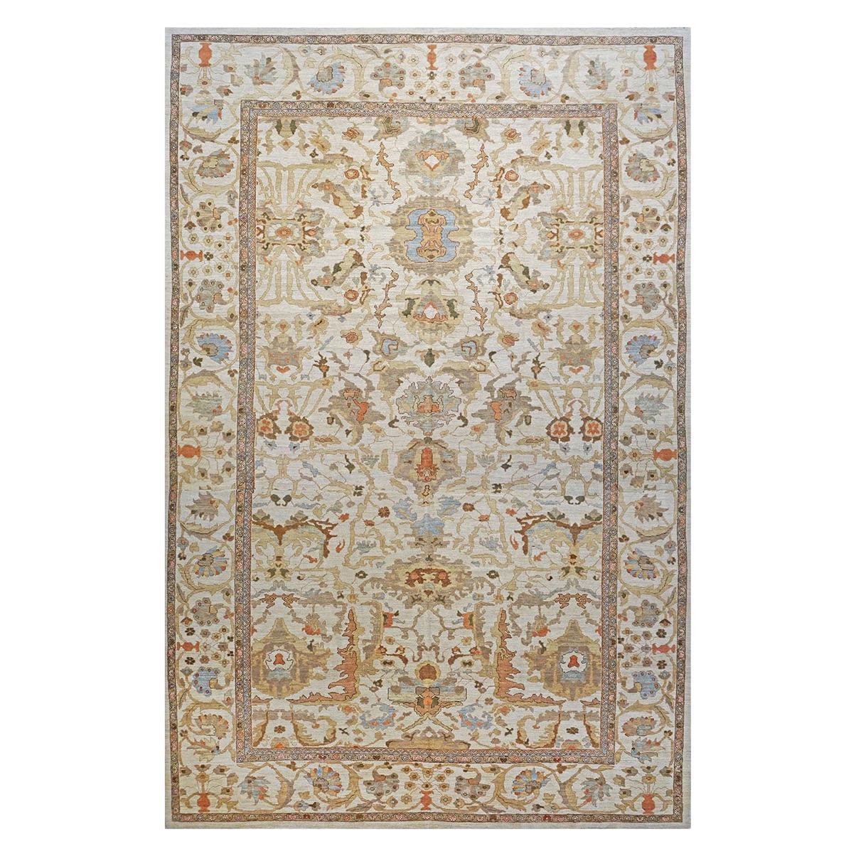 21st Century Persian Sultanabad Masters 13x20 Ivory & Tan Handmade Palace Rug For Sale