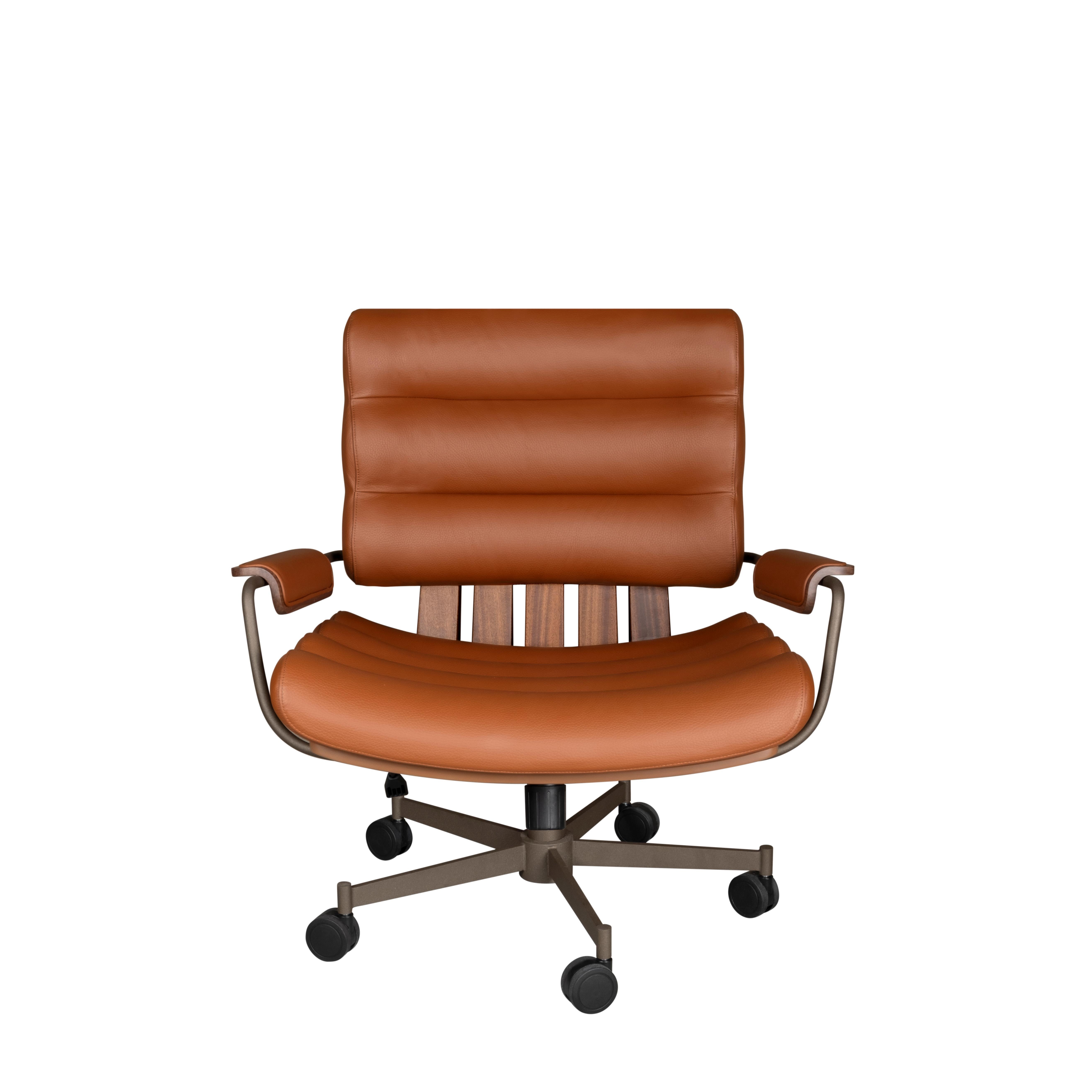 Steel 21st Thomas I Office Chair Leather Wood Handmade in Portugal by Wood Tailors For Sale