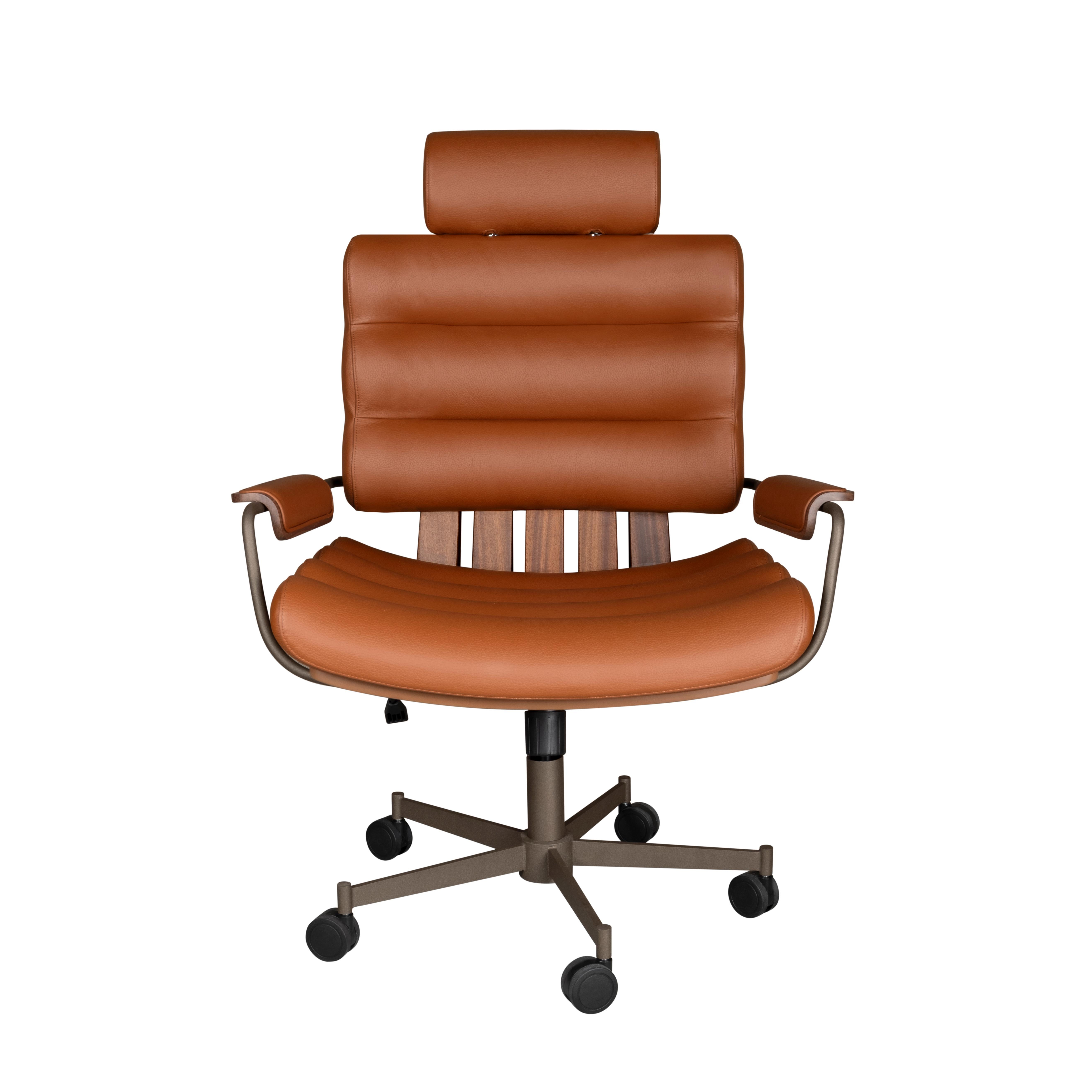 Steel 21st Thomas II Office Chair Leather Wood Handmade in Portugal by Wood Tailors For Sale