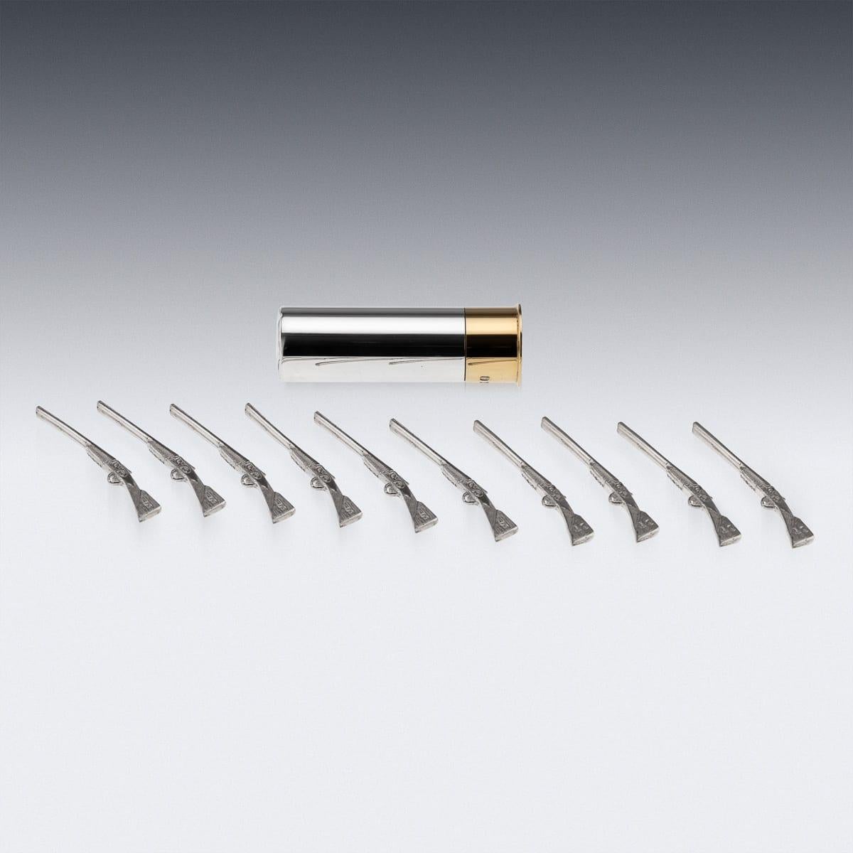 British 21stC English Novelty Set Of 10 Shotgun Shaped Solid Silver Butt Markers In Case For Sale