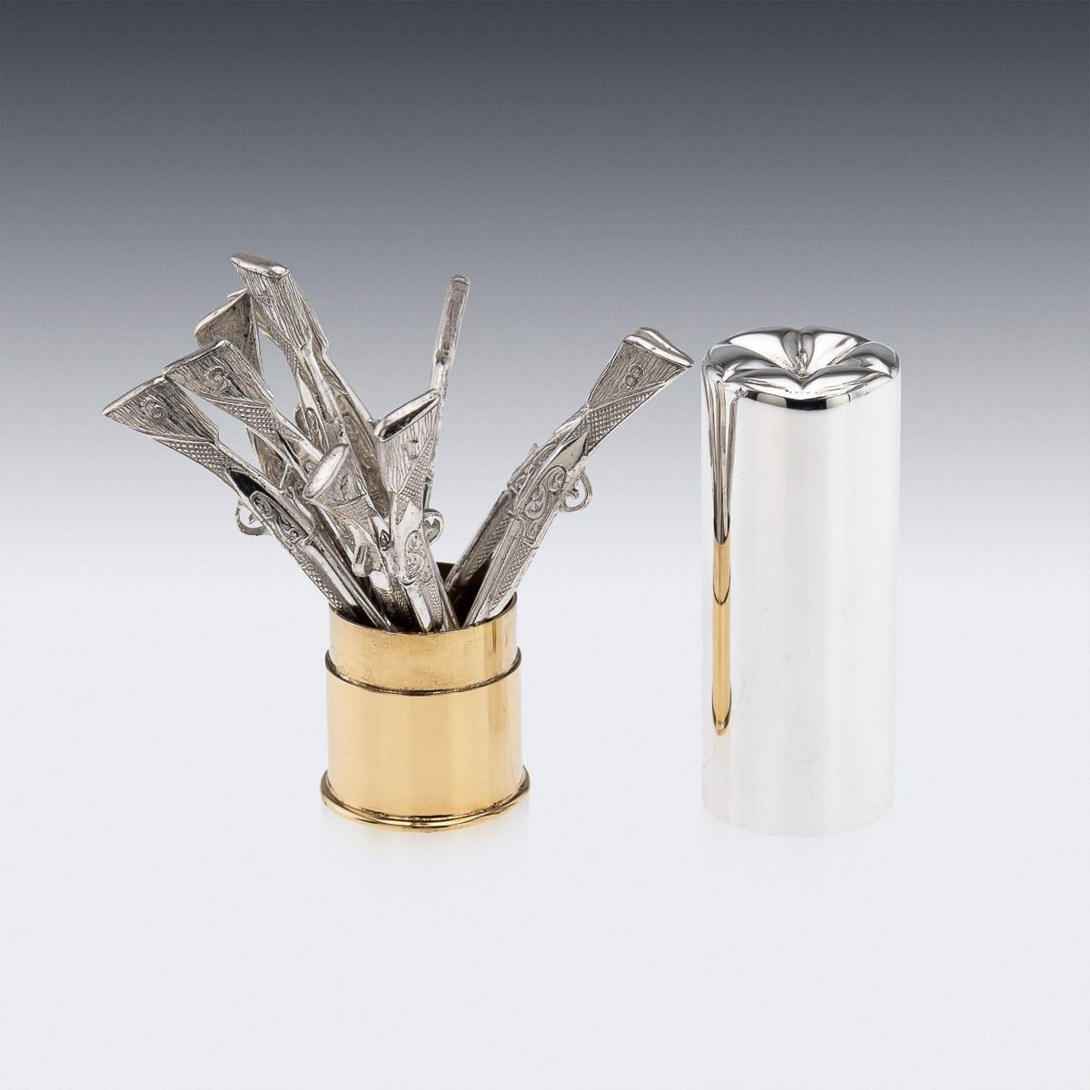 21stC English Novelty Set Of 10 Shotgun Shaped Solid Silver Butt Markers In Case For Sale 1