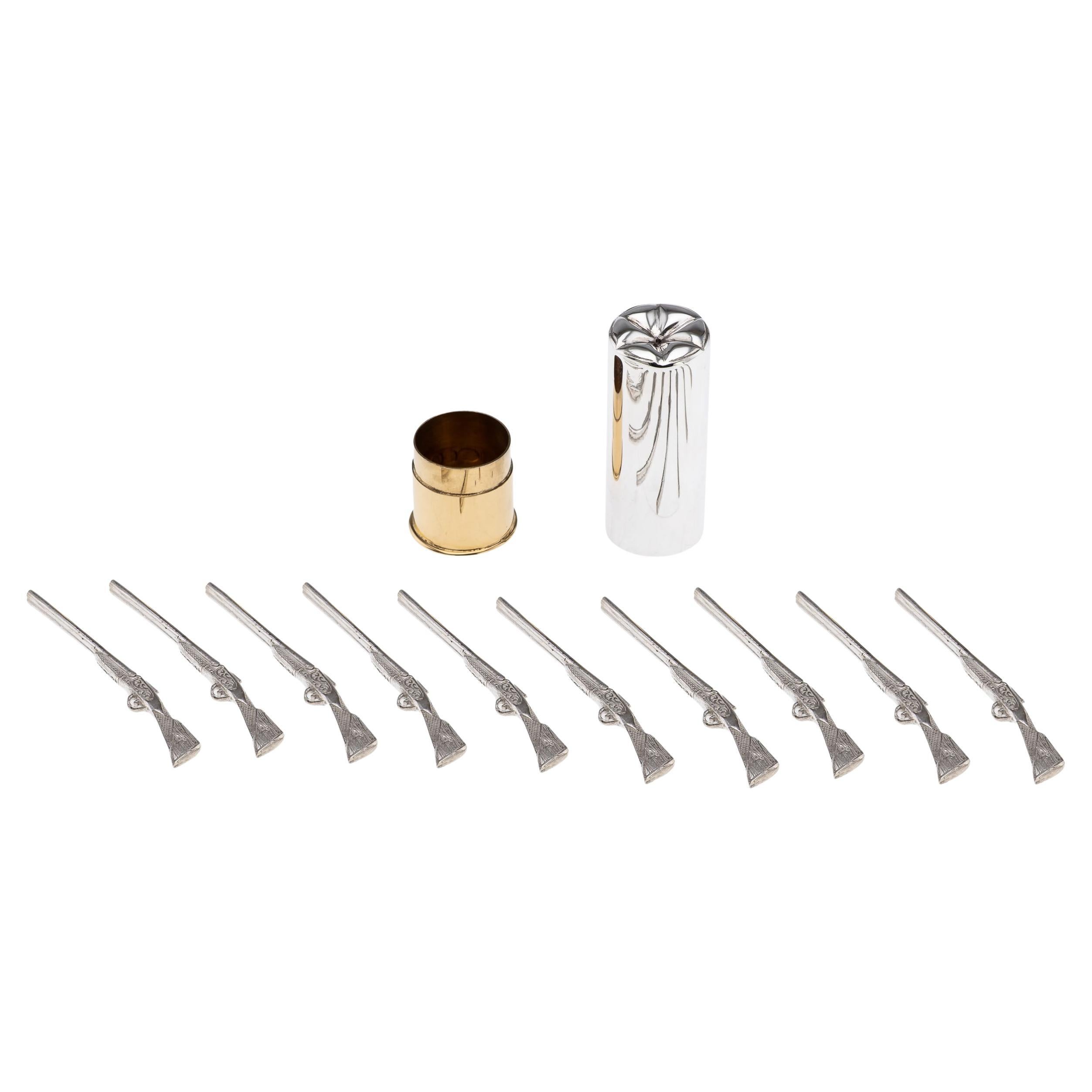 21stC English Novelty Set Of 10 Shotgun Shaped Solid Silver Butt Markers In Case For Sale