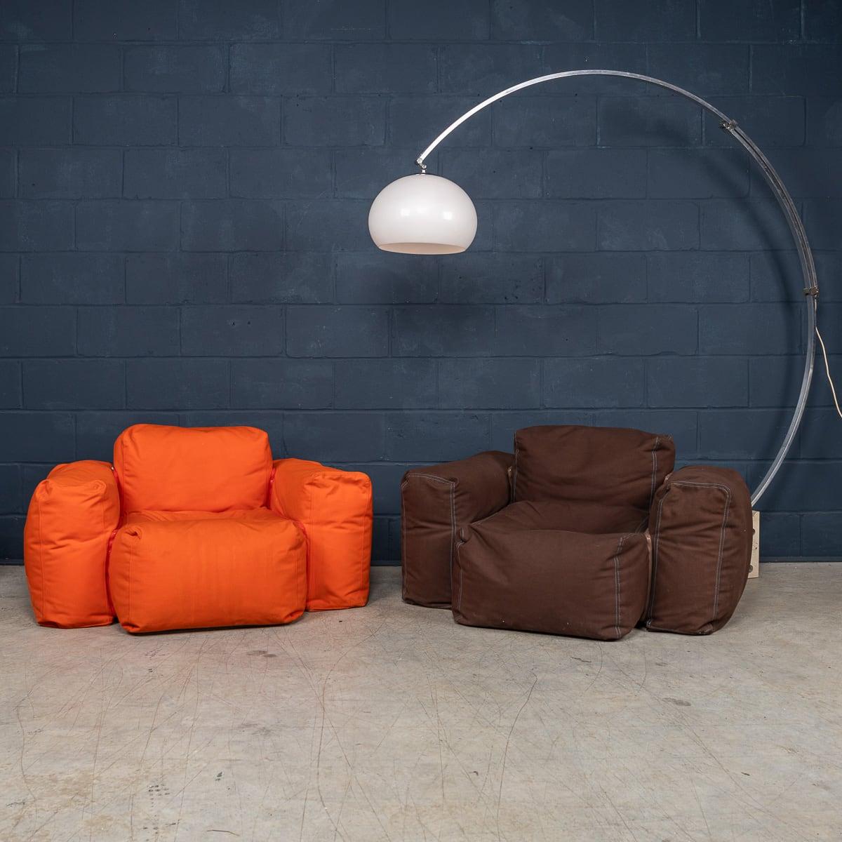 A rare pair of first edition “Superoblong” armchairs by Jasper Morrison for Cappellini, Italy. One is finished in brown fabric upholstery and contrasting bright pale blue stitching, the other in orange fabric upholstery and contrasting brown