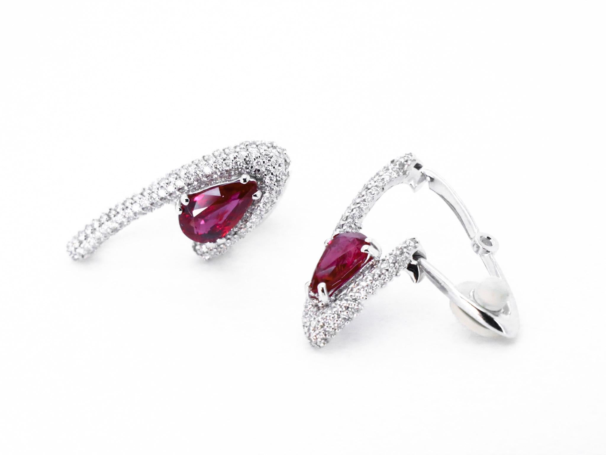 Pear Cut 4 cts No Heat Ruby Diamond 18Kt Gold Innovative Clasp Empowering Bold Earrings For Sale