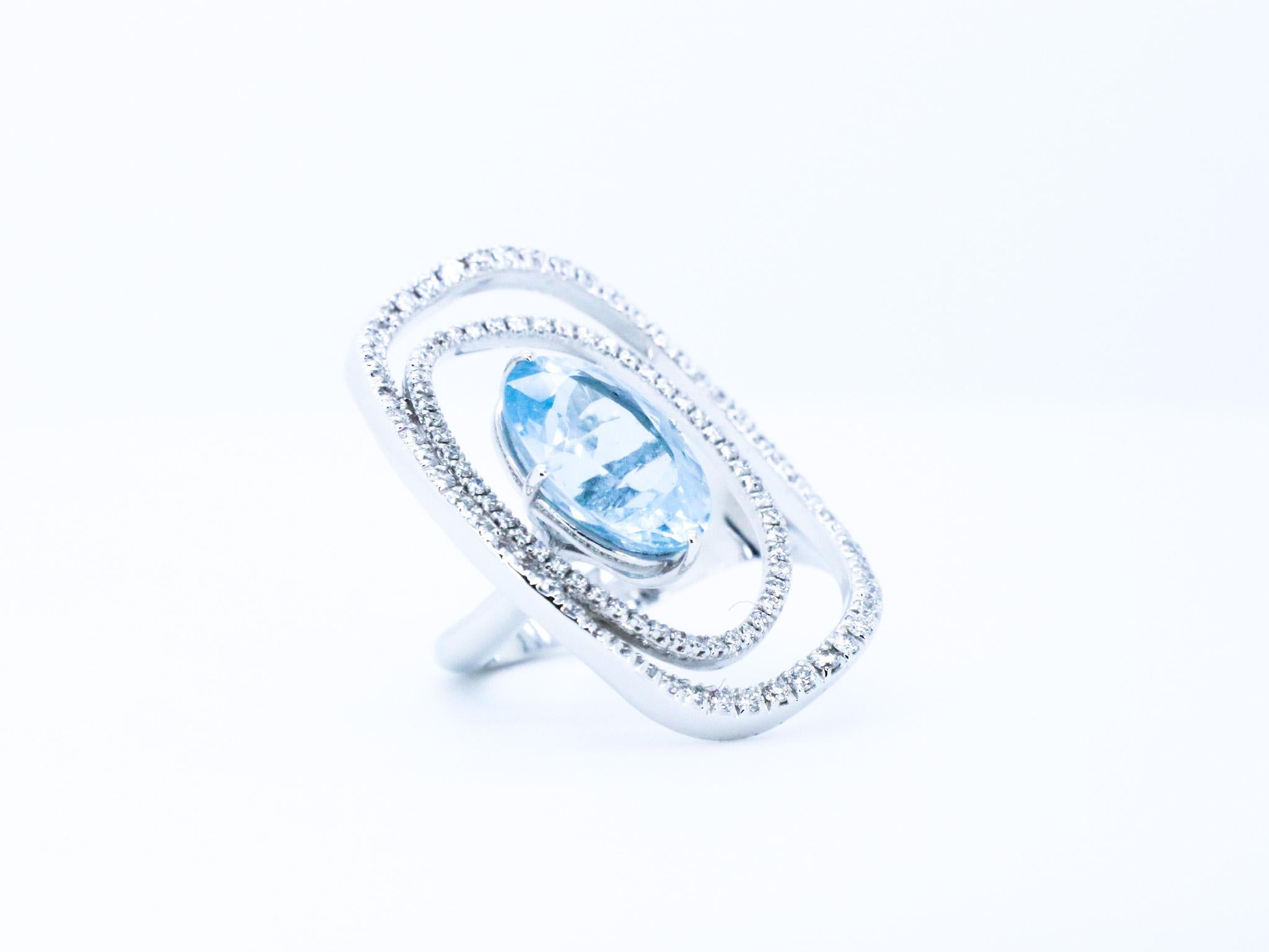 For Sale:  18k Gold Made in Italy Aquamarine Diamond Innovatively Worn Cosmic Cocktail Ring 10