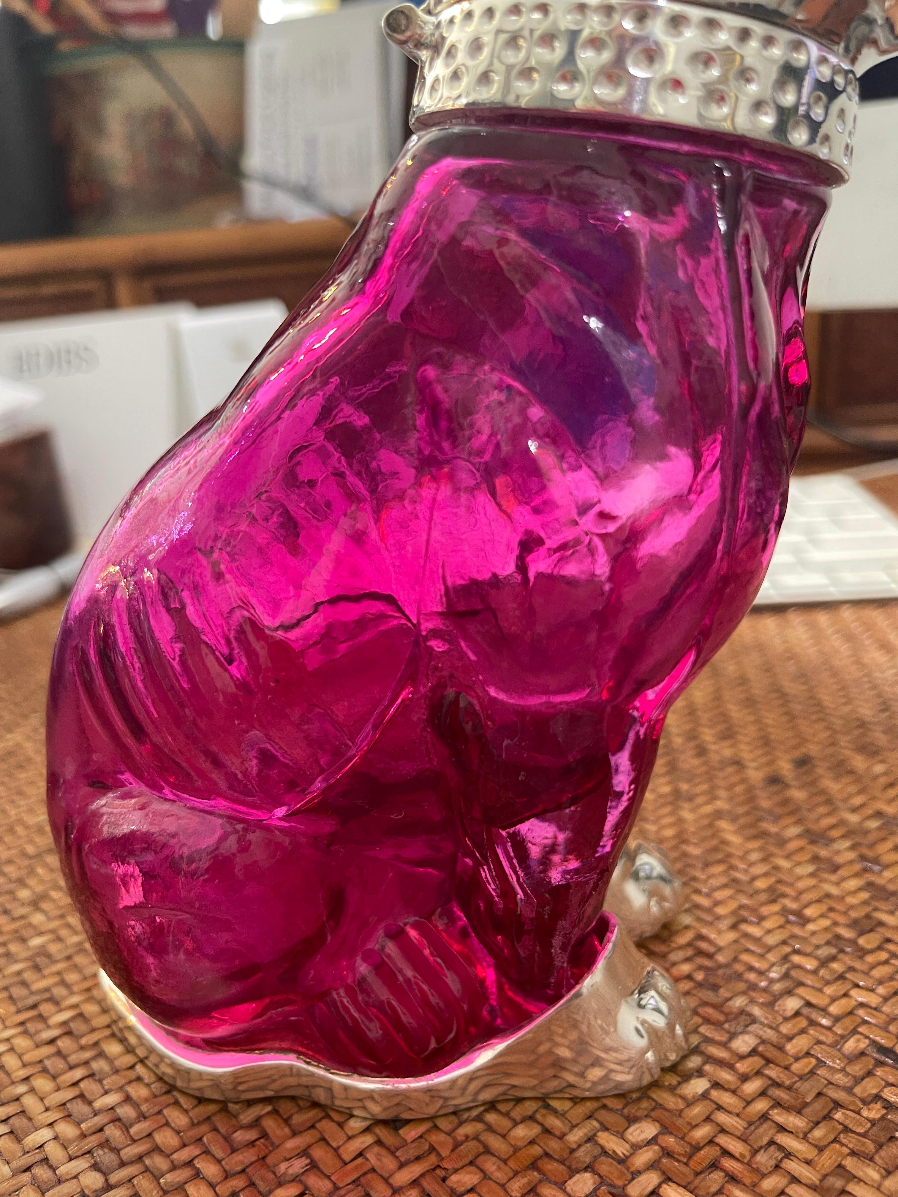 21Th C. Cranberry Glass & Silver Plate Bulldog Claret Jug Decanter 3