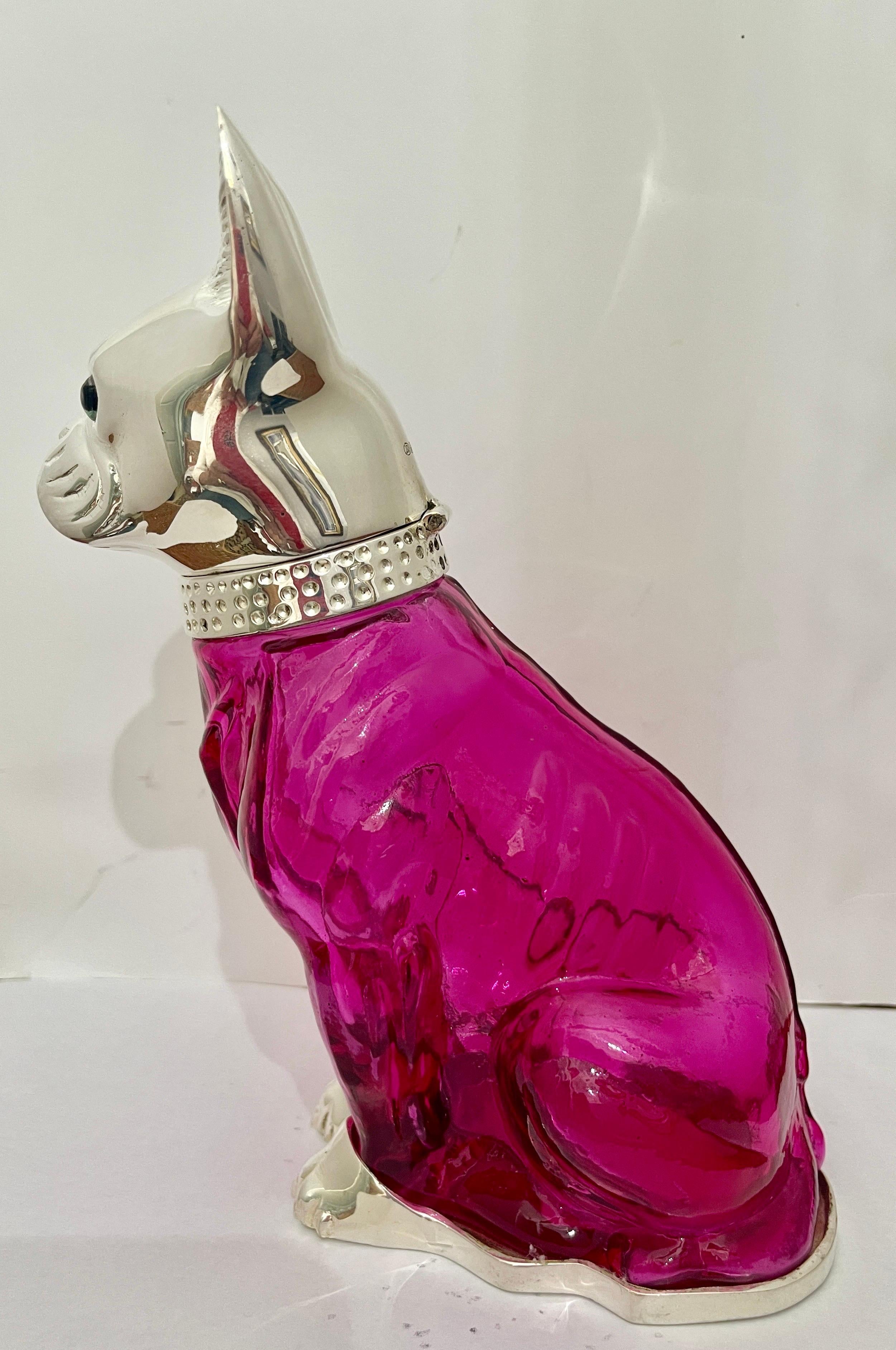 Just in, this charming English claret jug decanter made of cranberry glass and Silver Plate in the form of a French Bulldog.
Very good vintage condition consistent with age and use.
