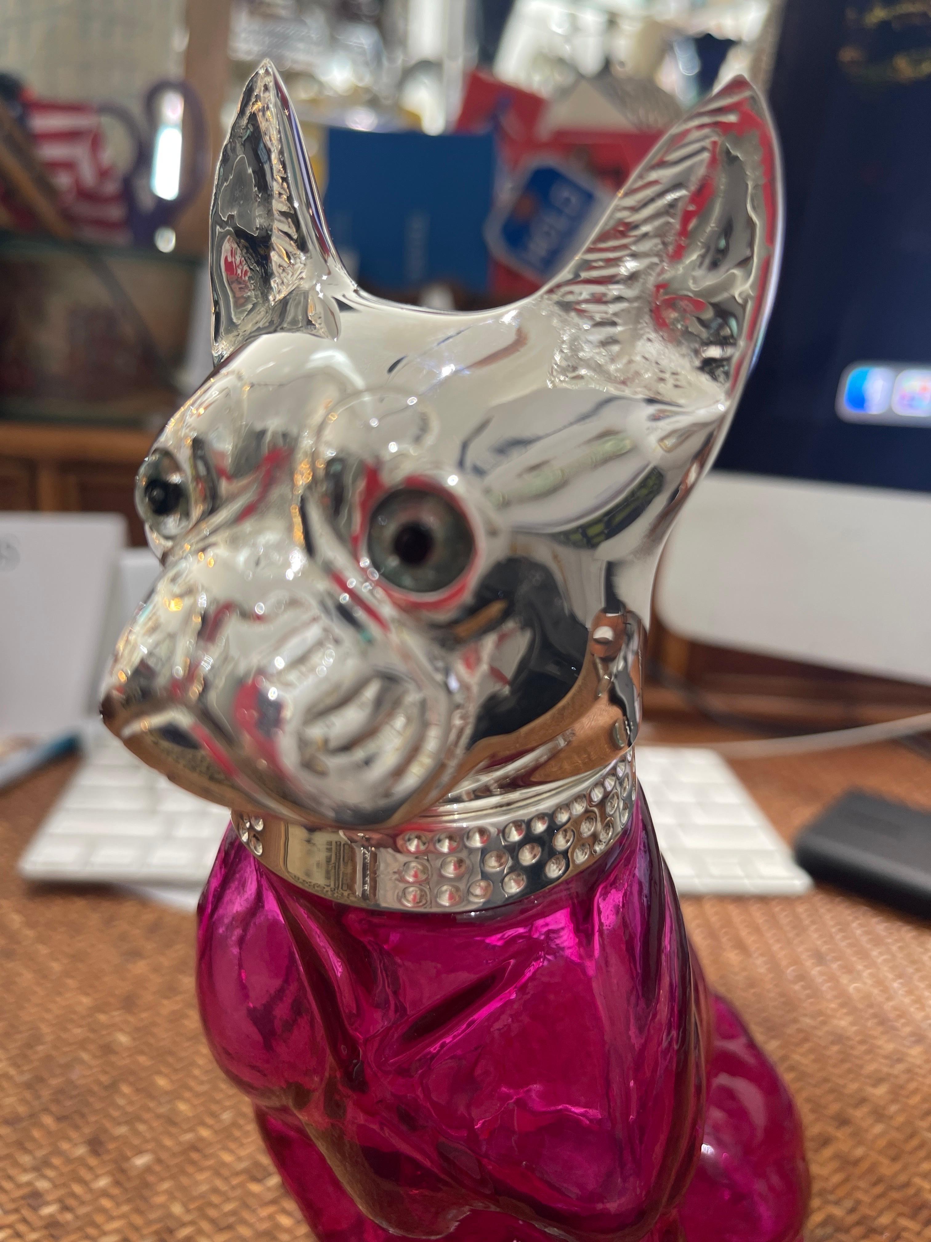 Late Victorian 21Th C. Cranberry Glass & Silver Plate Bulldog Claret Jug Decanter