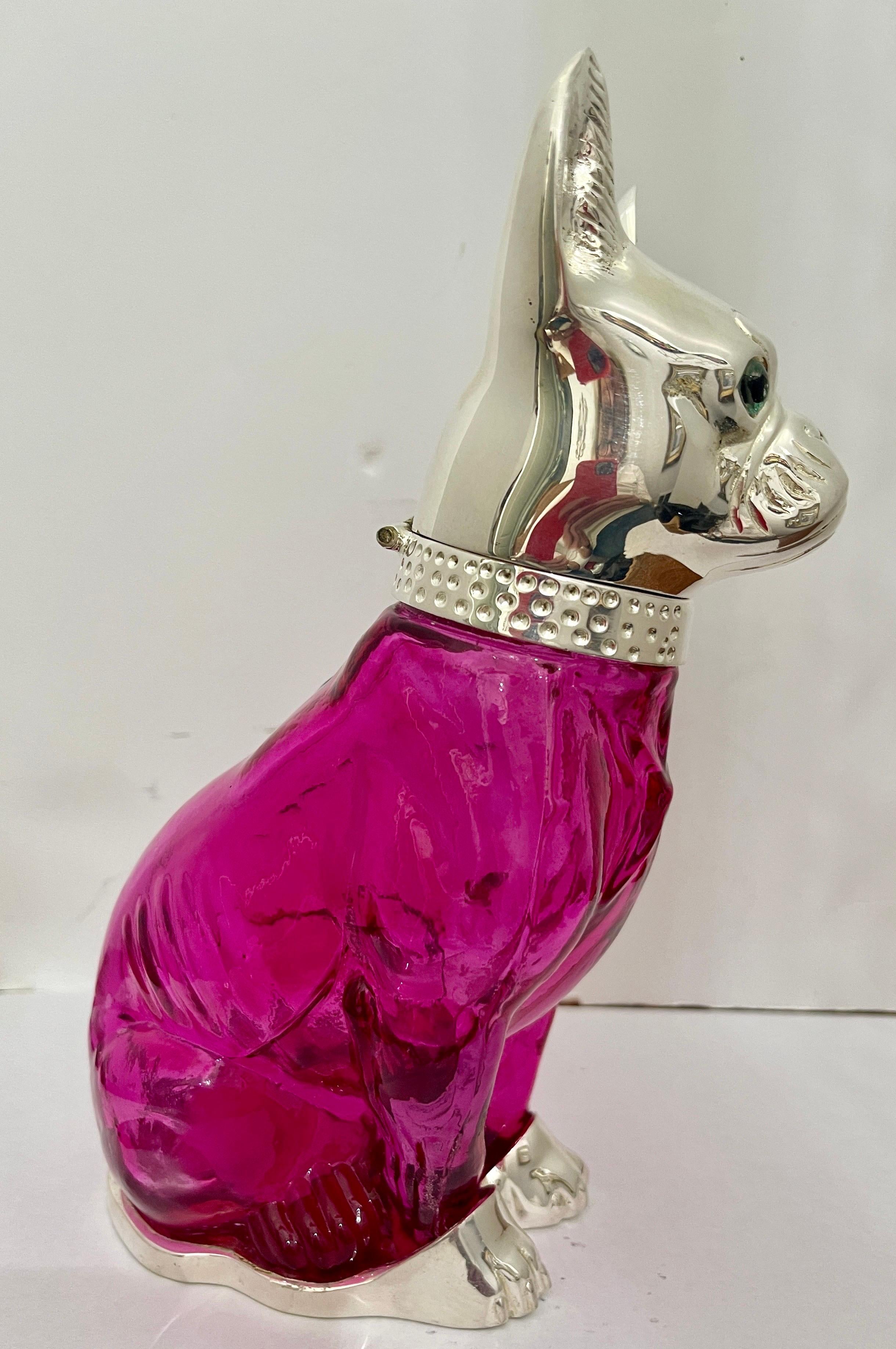 English 21Th C. Cranberry Glass & Silver Plate Bulldog Claret Jug Decanter