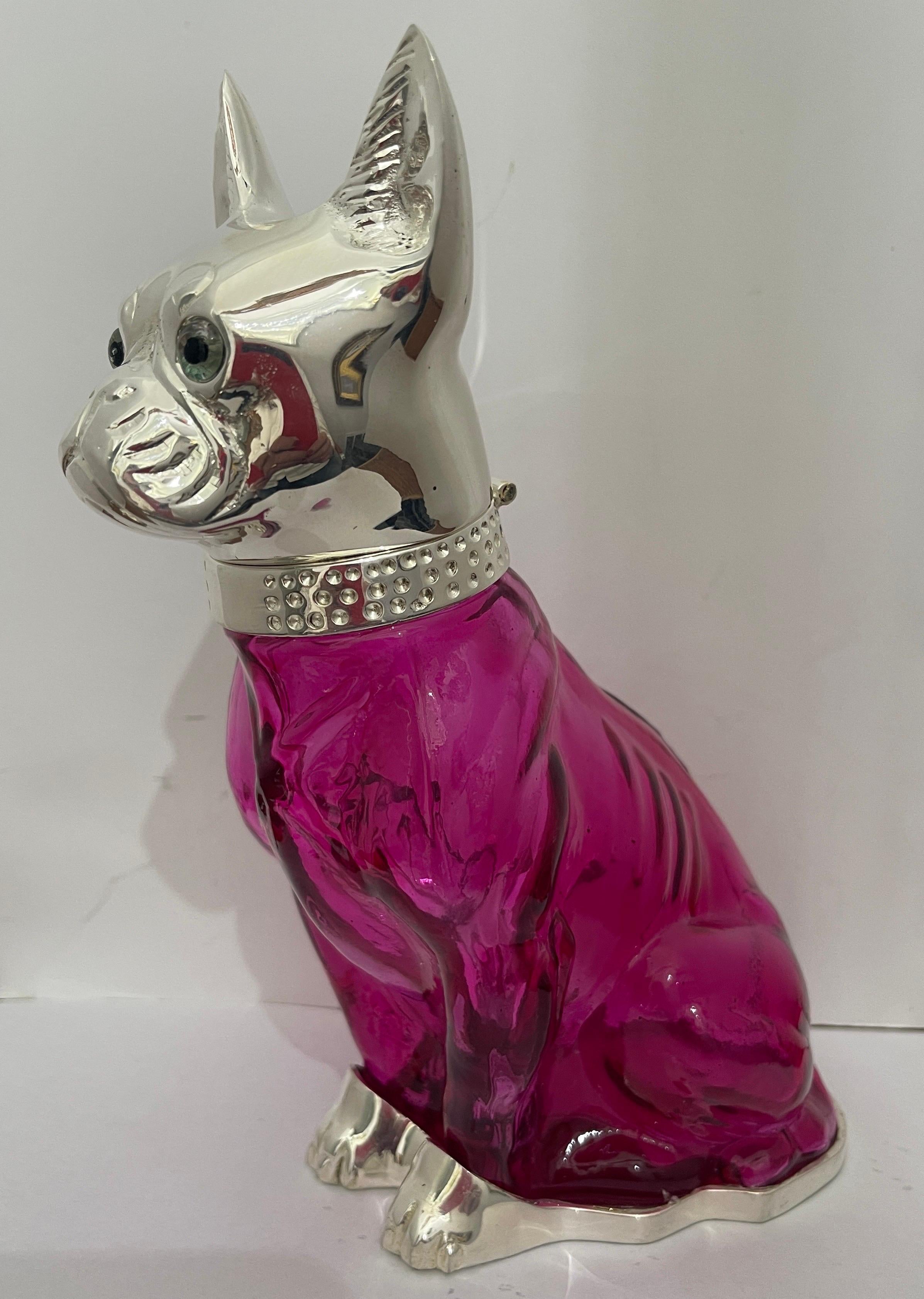 21Th C. Cranberry Glass & Silver Plate Bulldog Claret Jug Decanter In Good Condition In West Palm Beach, FL