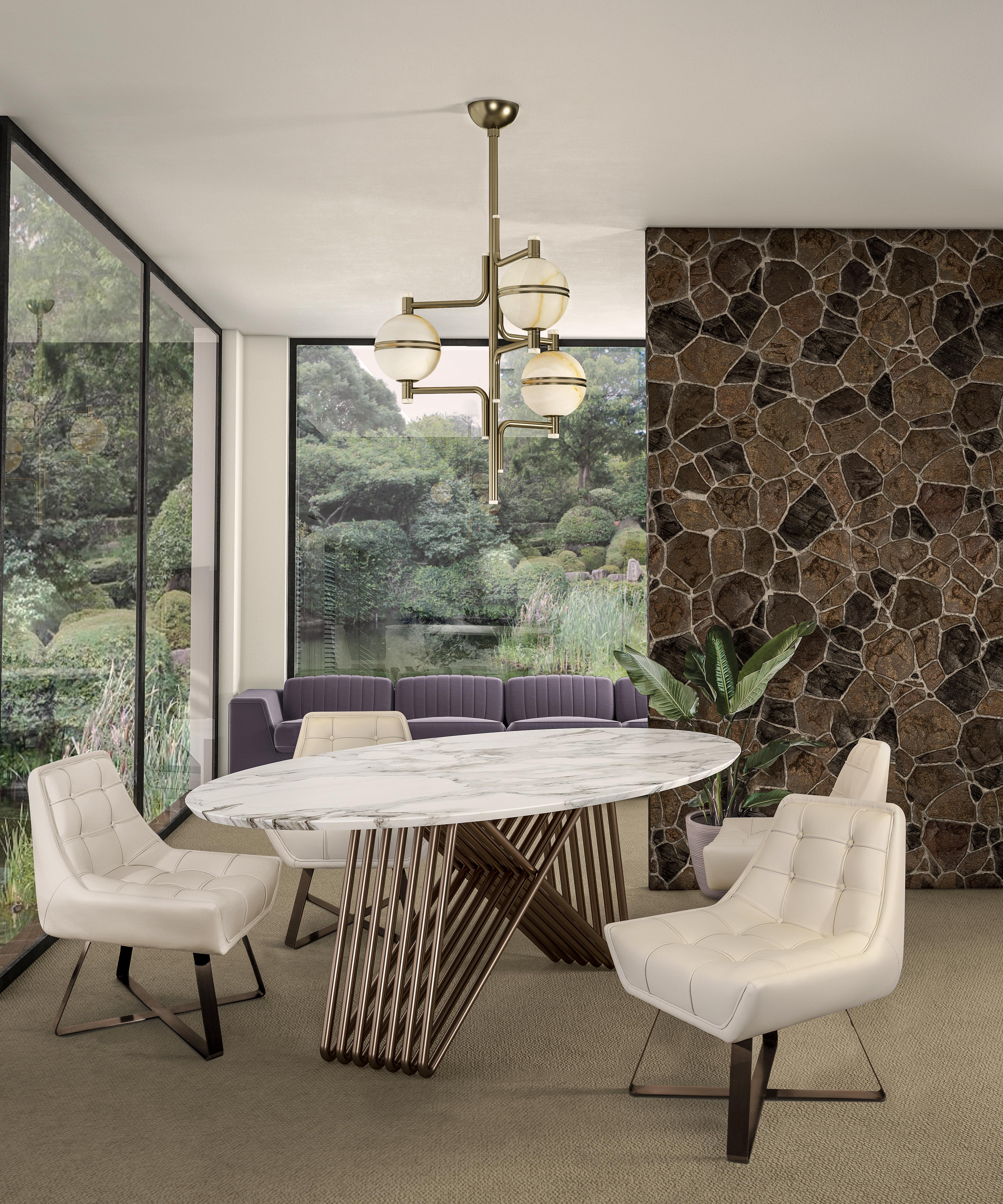 Like a coral reef, the alabaster stone has a natural flair for disguise and detail. The Andros contemporary suspension lamp makes use of the translucent properties of the alabaster stone to bring life to stylish interiors all around the world. A