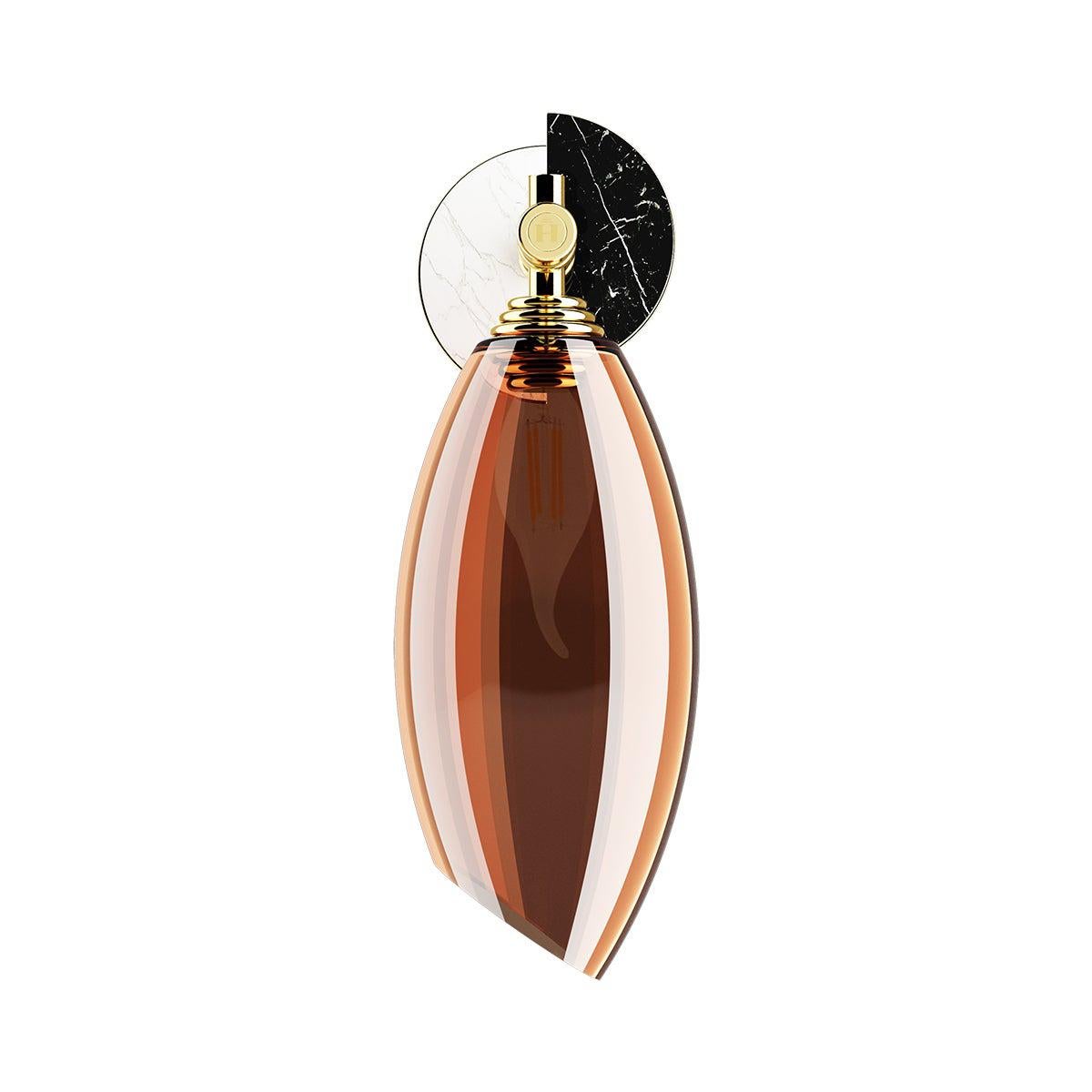 21st Century Art Deco Style Wall Lamp, Sconce Amber Colored Glass Marble Details For Sale