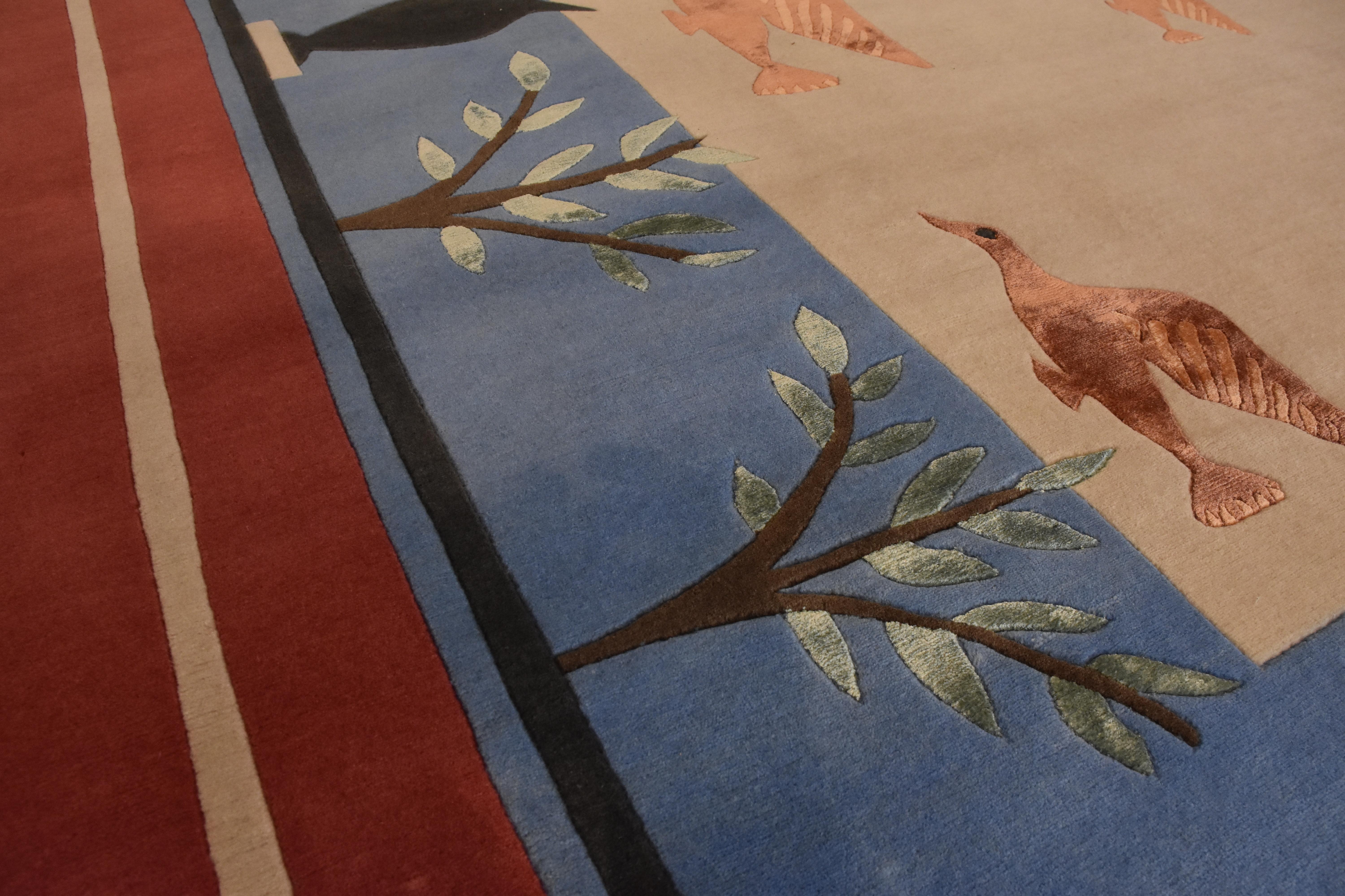 21st Century Blue White and Red Linde Burkhardt Birds Nepalese Wool and Viscose For Sale 8