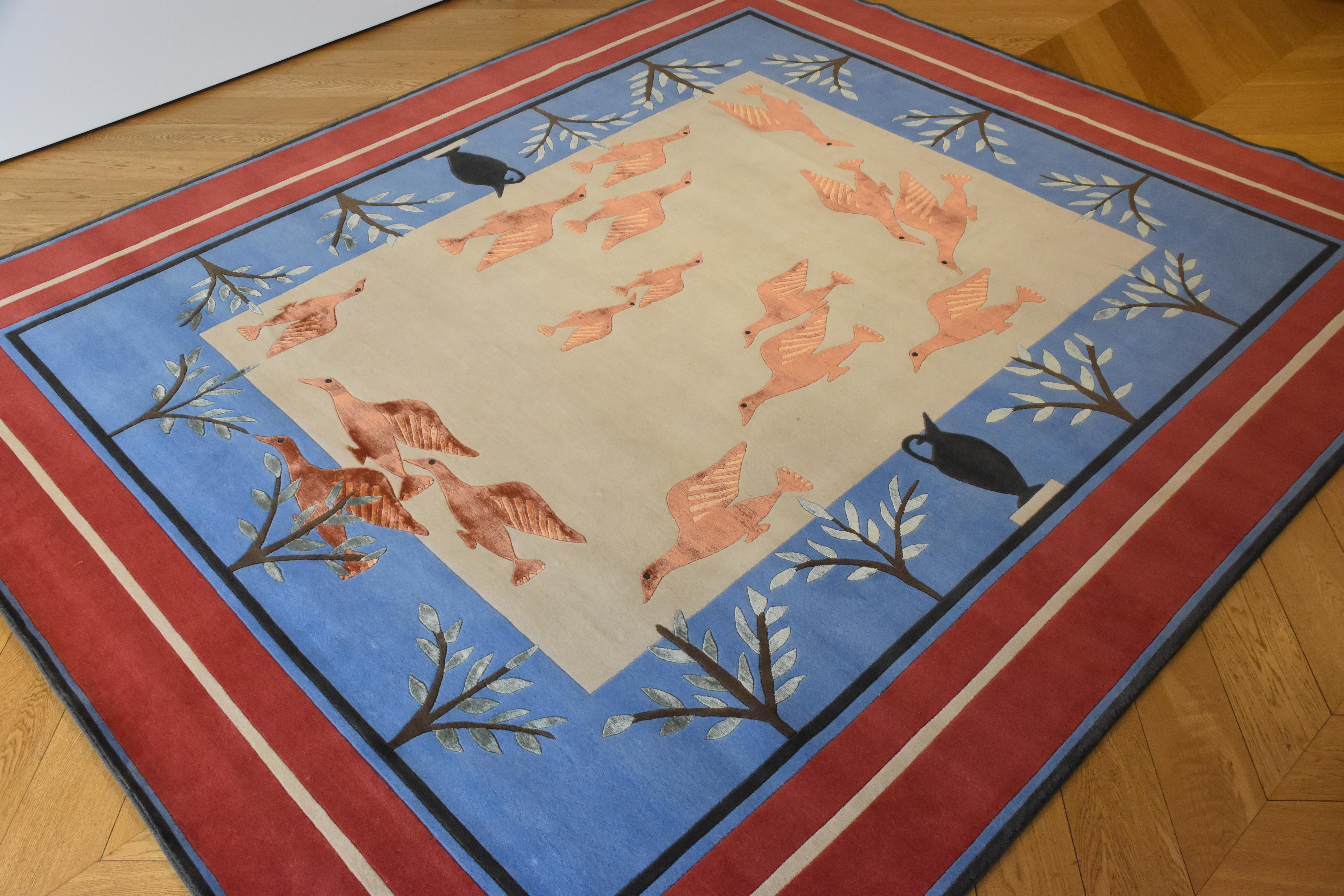 Hand-Knotted 21st Century Blue White and Red Linde Burkhardt Birds Nepalese Wool and Viscose For Sale