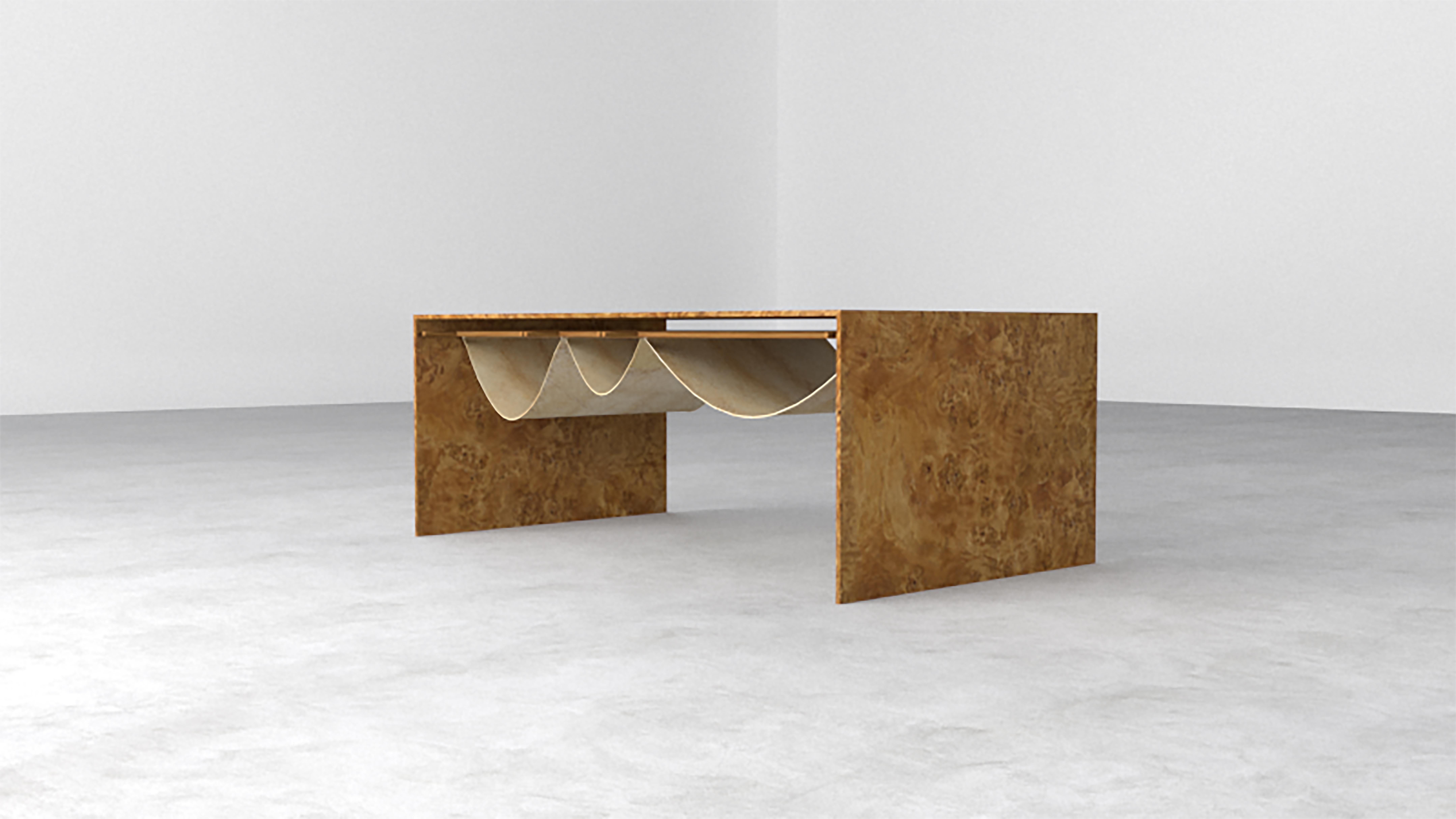 The coffee table is produced from the harmony of burl oak and 8mm thick polished wooden structure and leather.

















