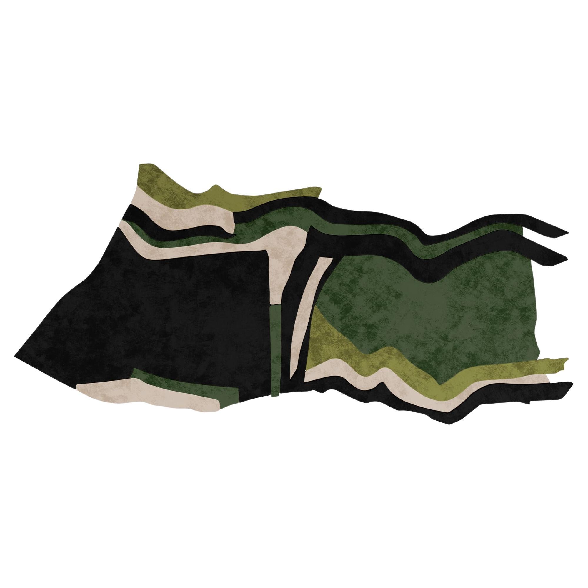 21th Century Contemporary Irregular Shaped Green Rug, in Black & Nude details