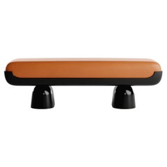 21st Century Contemporary Minimal Orange Velvet Bench Black Lacquered Base