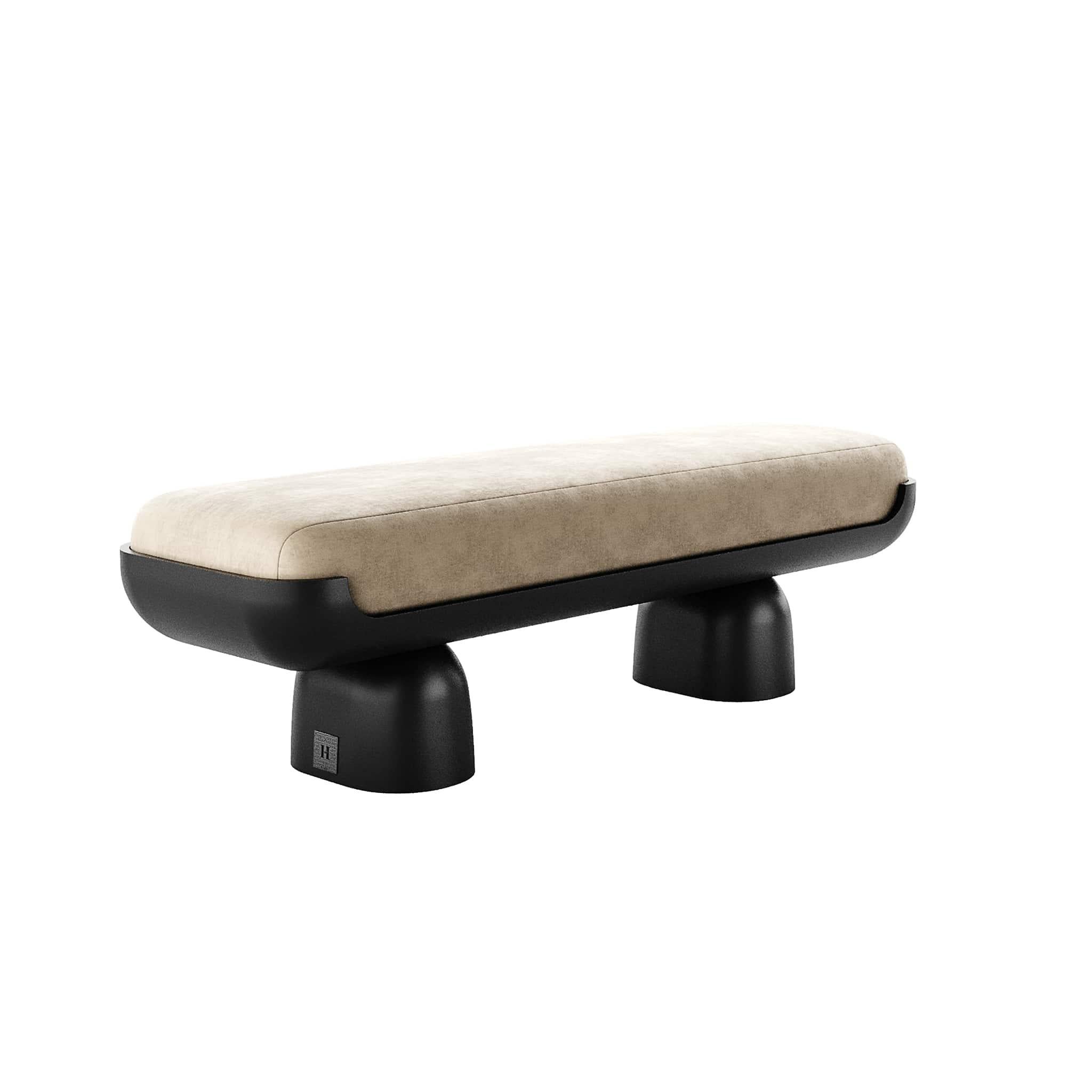 Modern 21st Century Contemporary Minimal White Velvet Bench With Black Lacquered Base For Sale