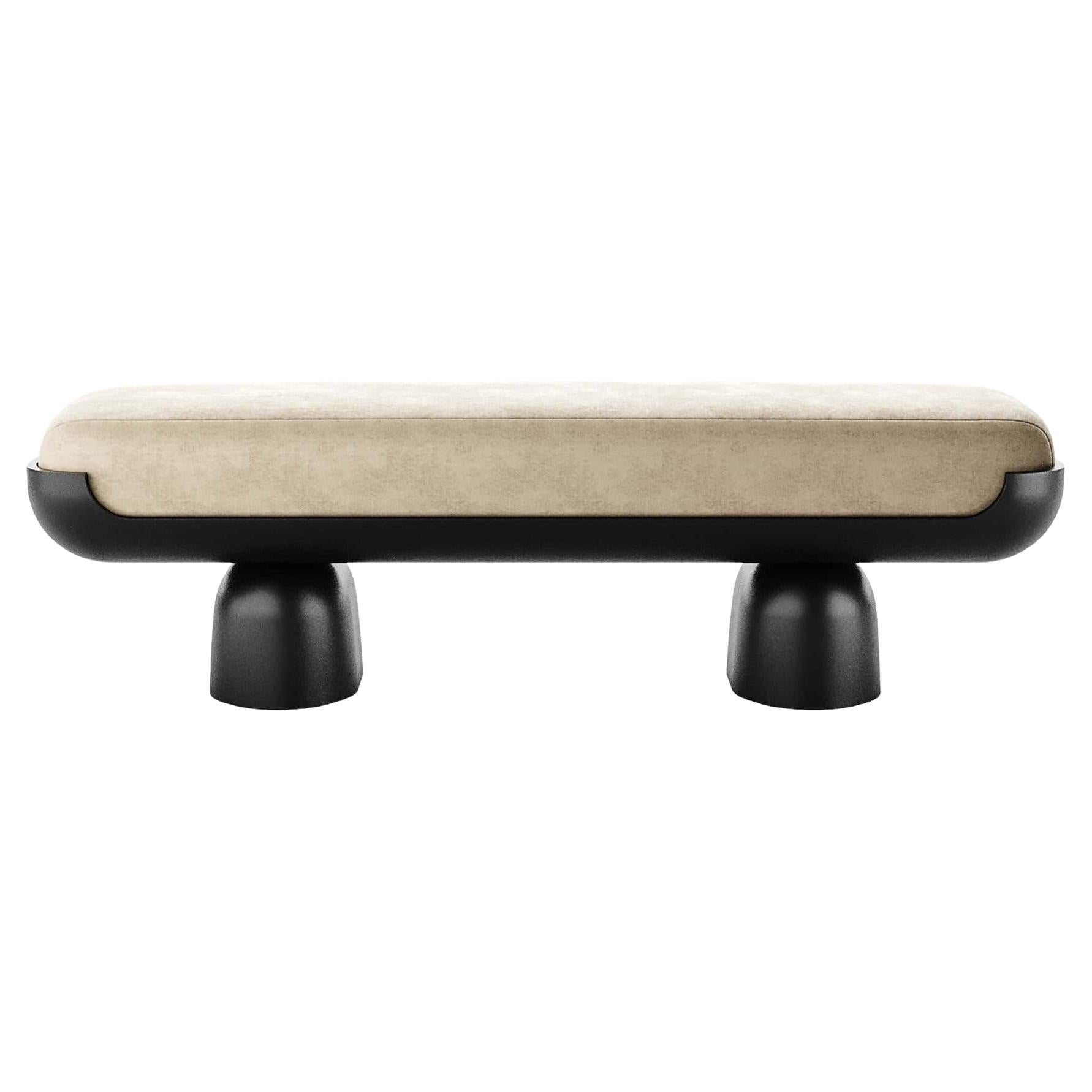 21st Century Contemporary Minimal White Velvet Bench With Black Lacquered Base For Sale