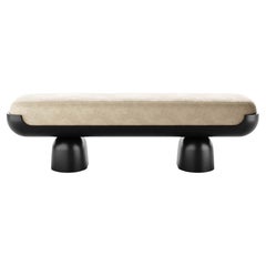 21st Century Contemporary Minimal White Velvet Bench With Black Lacquered Base