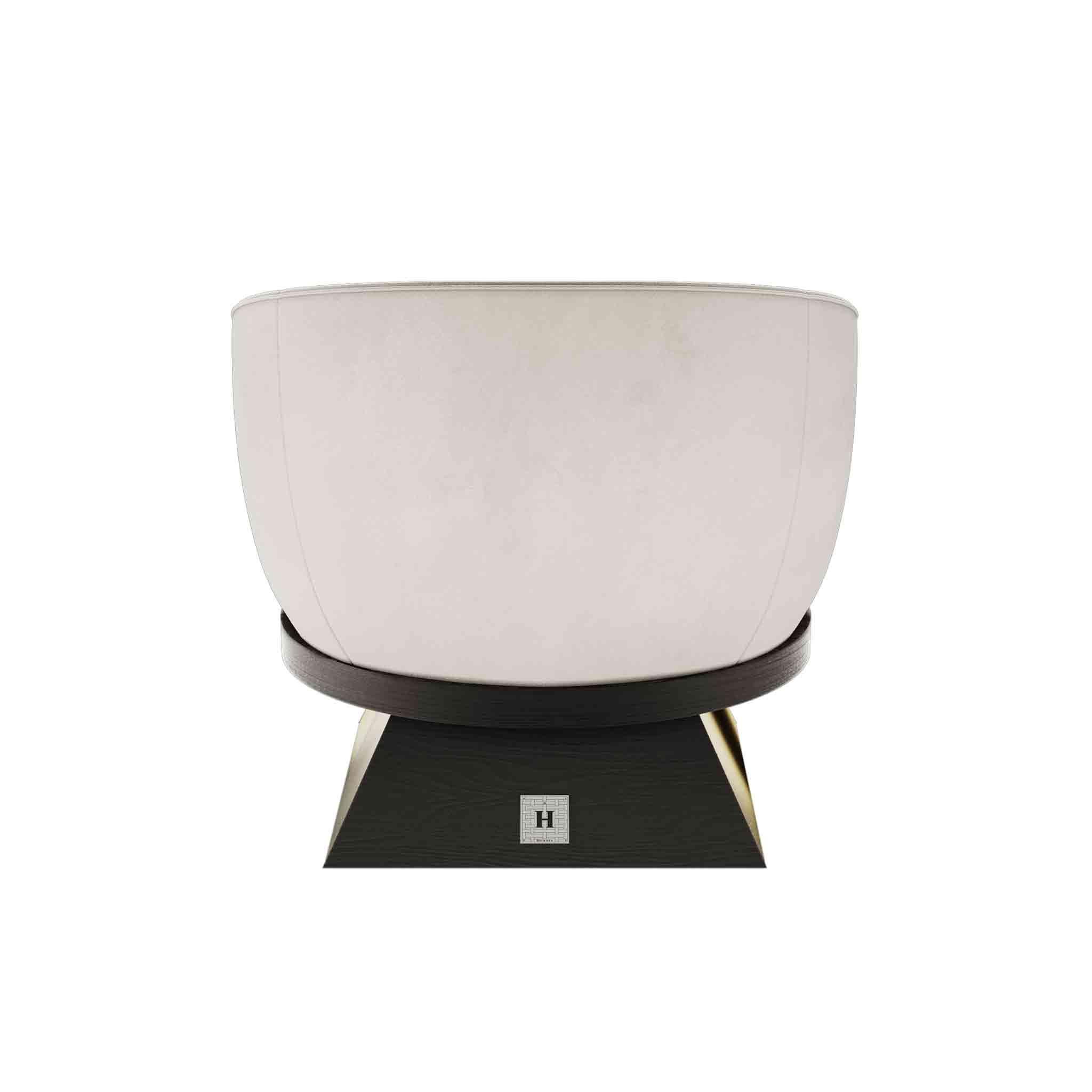 Hand-Crafted Modern Armchair in White Suede, Black Wenge Base & Gold Details  For Sale