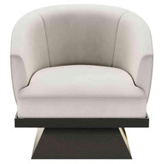 Mid-Century Modern Armchair in White Suede, Black Wenge Base & Gold Details 