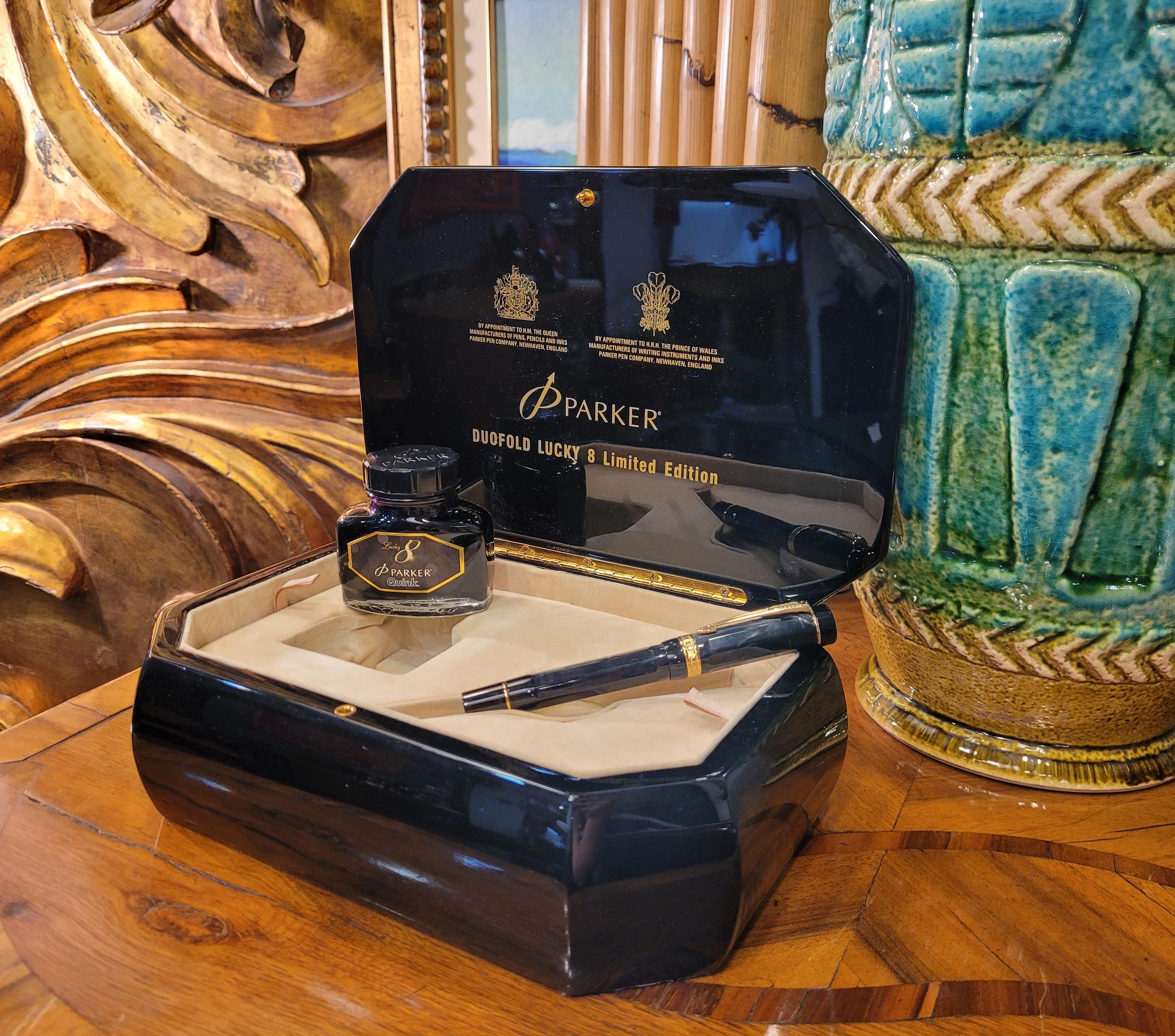 Exclusive fountain pen from the prestigious firm Parker model Duofold Lucky 8, special edition for the 120th anniversary of the brand. It belongs to a series limited to only 3,888 pieces. This design is a tribute to the Parker company itself,