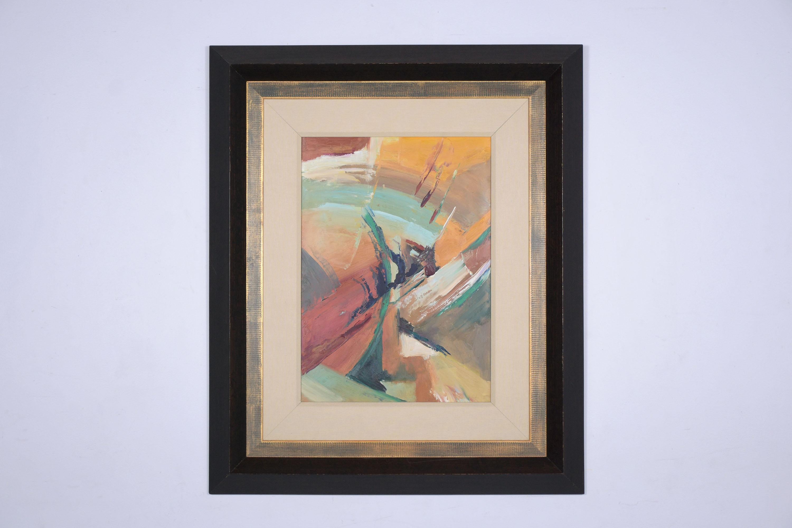 An extraordinary 21st-century abstract acrylic multicolor painting on board with a unique design. The piece is framed by elegant carved and gilt molding stained in dark-brown color with a lacquered finish this art wall painting is ready to be